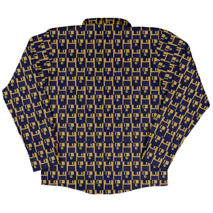 Floppy Disk Yellow Blue Long Sleeve Button Up Shirt Geek Nerd adult sizing computer print Design by Random Galaxy