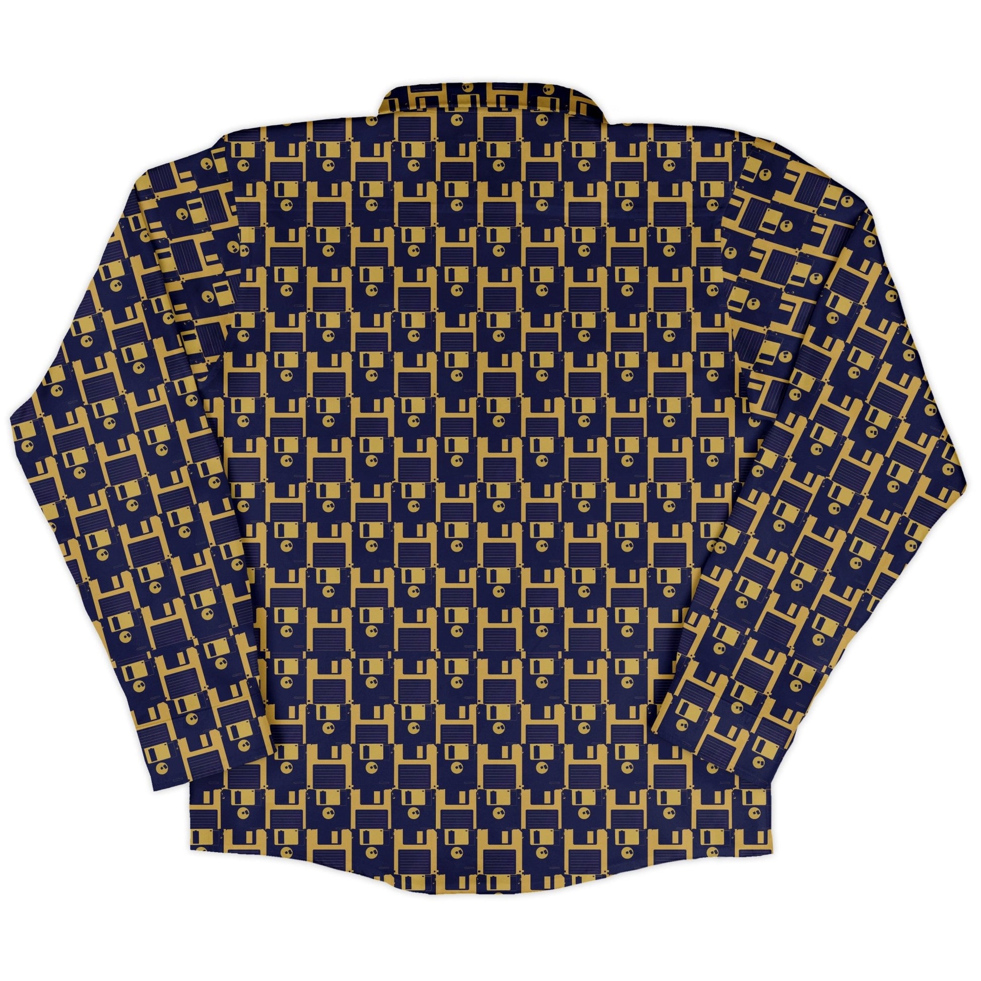Floppy Disk Yellow Blue Long Sleeve Button Up Shirt Geek Nerd adult sizing computer print Design by Random Galaxy