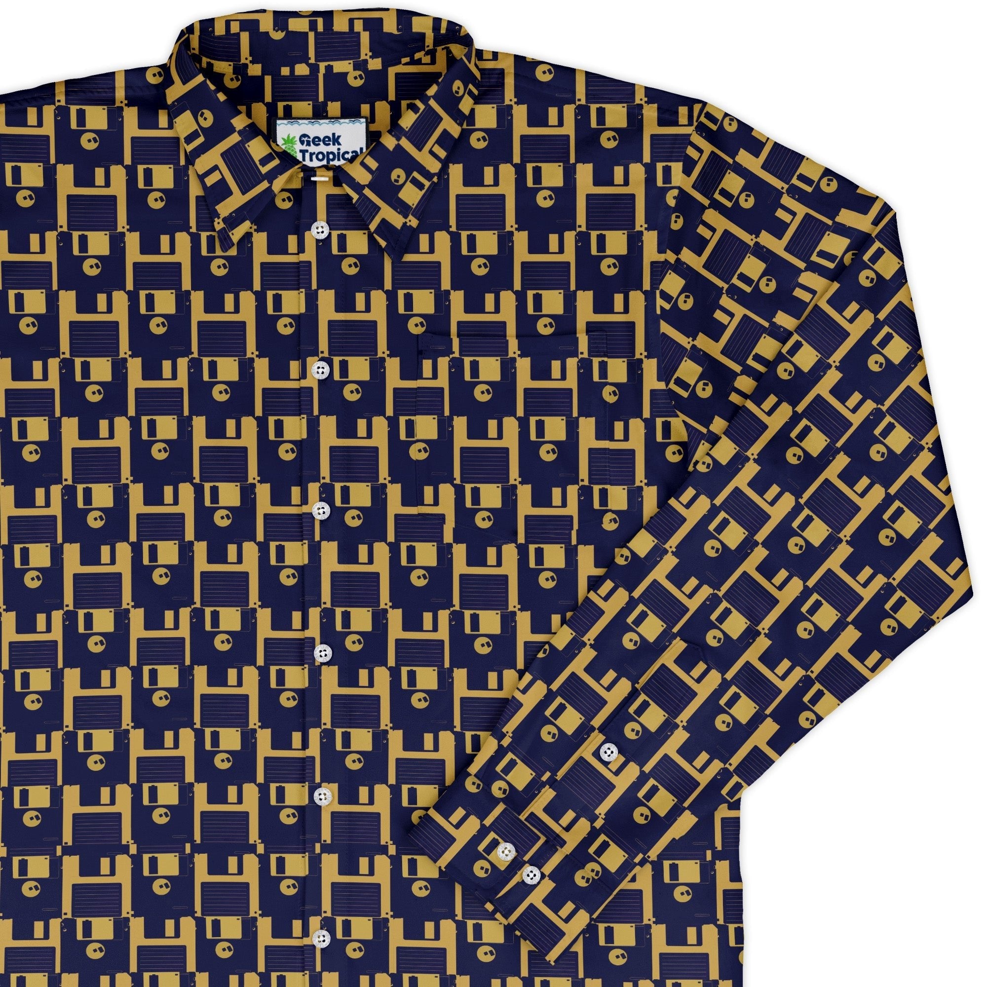 Floppy Disk Yellow Blue Long Sleeve Button Up Shirt Geek Nerd adult sizing computer print Design by Random Galaxy