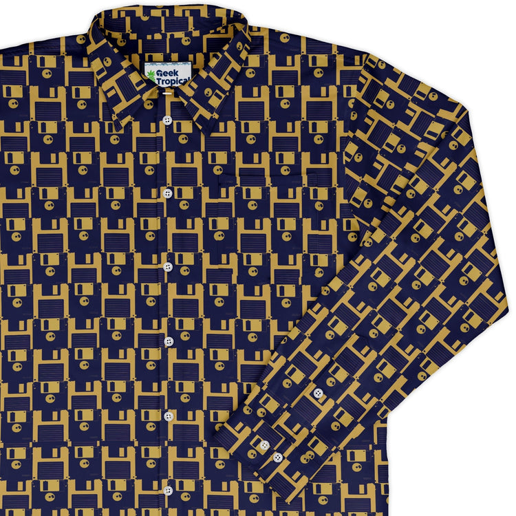 Floppy Disk Yellow Blue Long Sleeve Button Up Shirt Geek Nerd adult sizing computer print Design by Random Galaxy