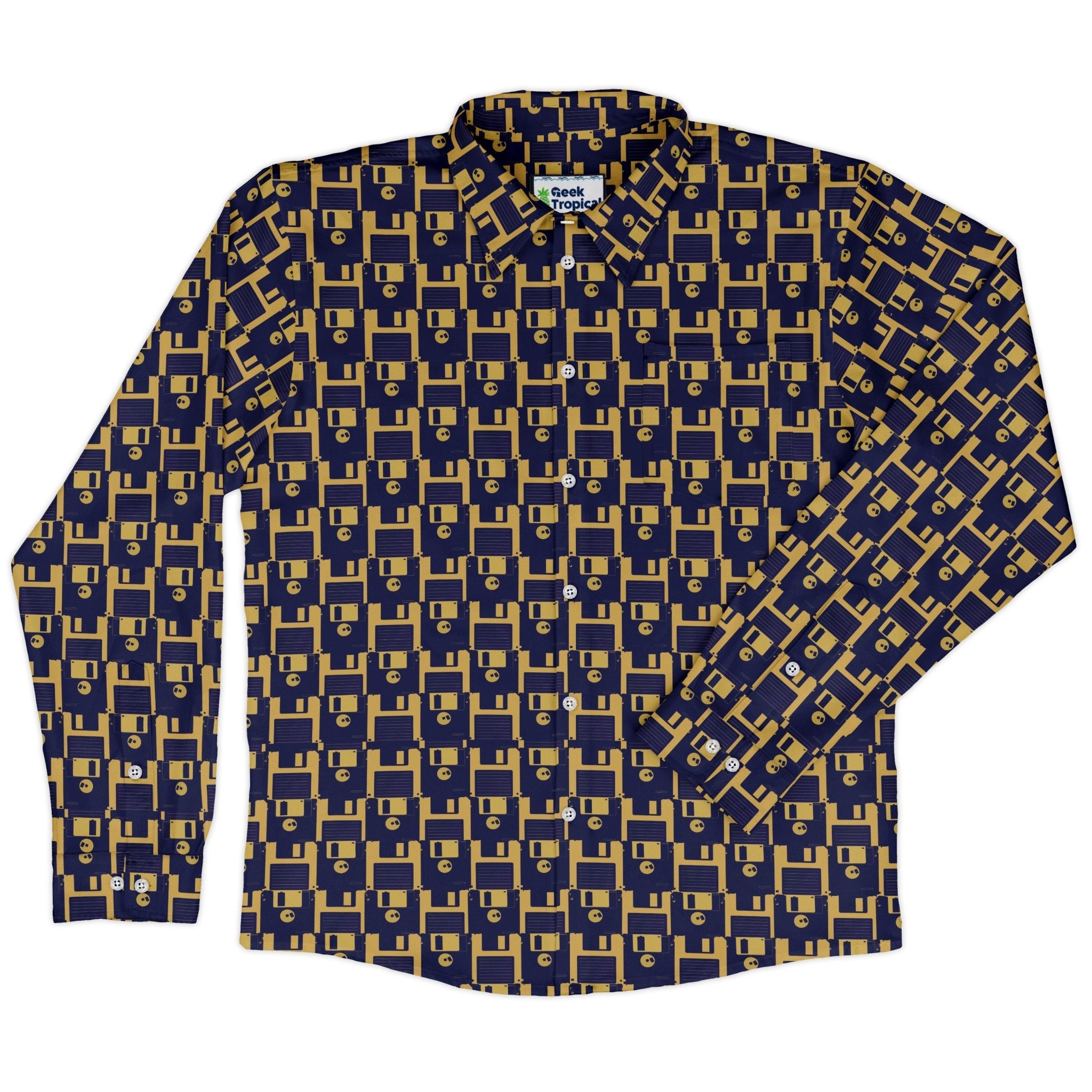 Floppy Disk Yellow Blue Long Sleeve Button Up Shirt Geek Nerd adult sizing computer print Design by Random Galaxy