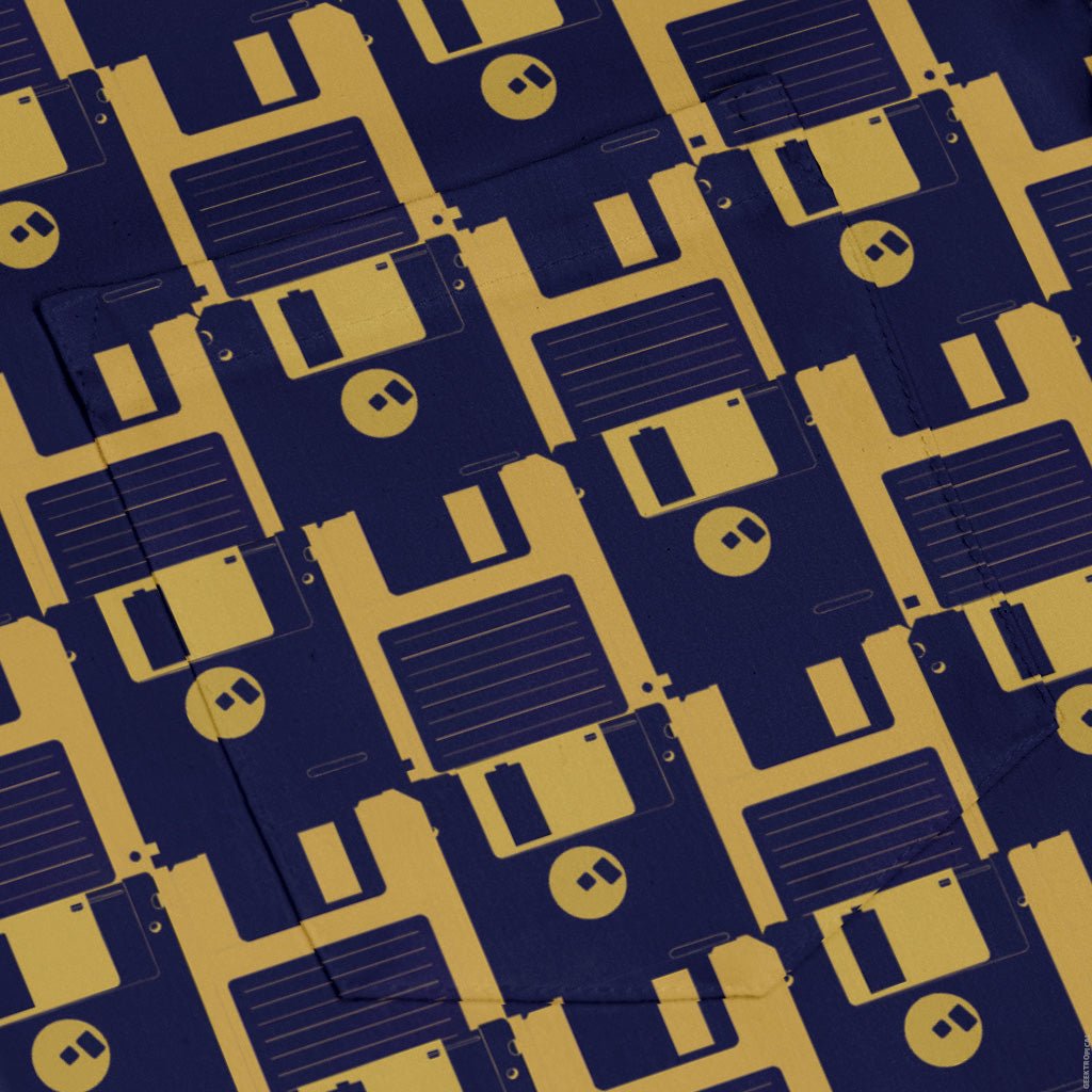 Floppy Disk Yellow Blue Long Sleeve Button Up Shirt Geek Nerd adult sizing computer print Design by Random Galaxy