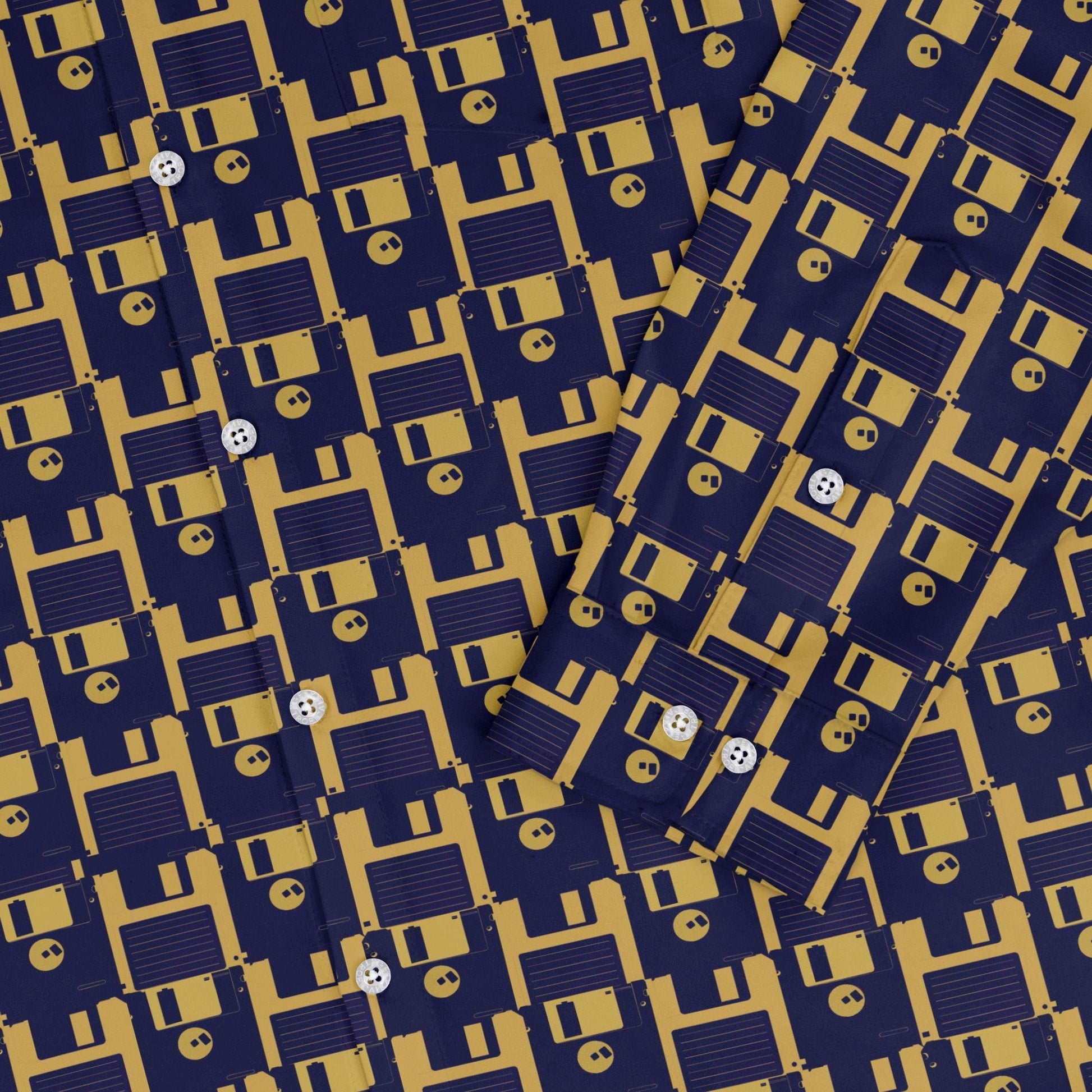 Floppy Disk Yellow Blue Long Sleeve Button Up Shirt Geek Nerd adult sizing computer print Design by Random Galaxy