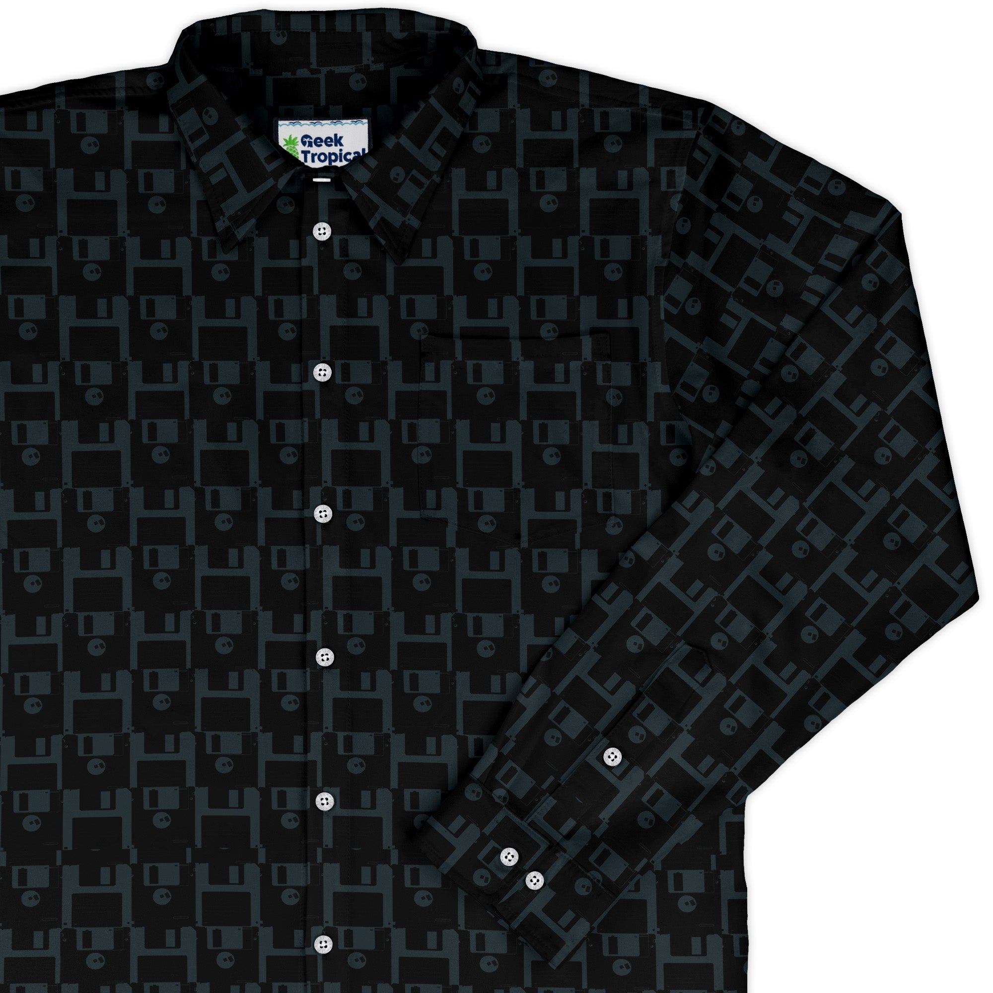 Floppy Disk Long Sleeve Button Up Shirt Geek Nerd adult sizing computer print Design by Random Galaxy