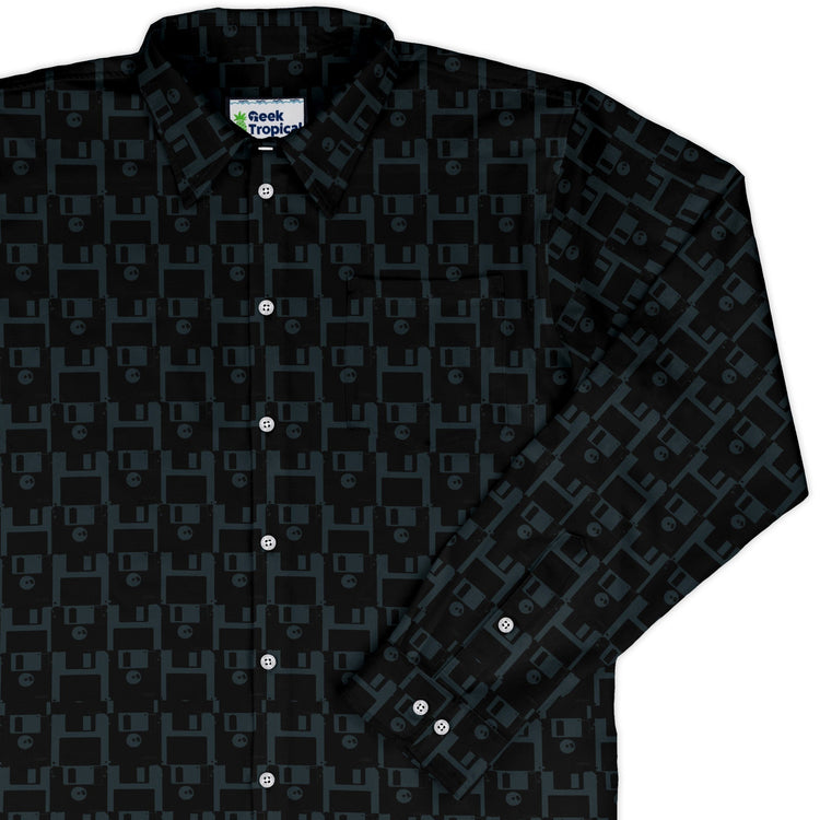 Floppy Disk Long Sleeve Button Up Shirt Geek Nerd adult sizing computer print Design by Random Galaxy