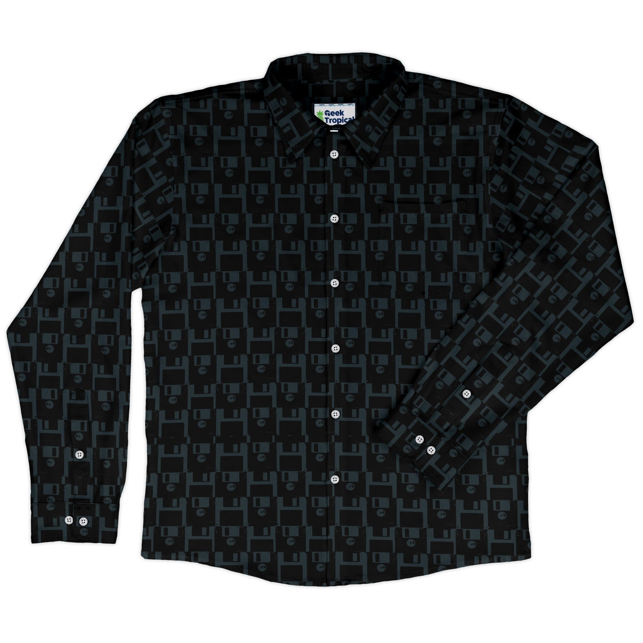 Floppy Disk Long Sleeve Button Up Shirt Geek Nerd adult sizing computer print Design by Random Galaxy