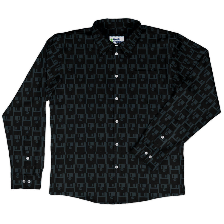 Floppy Disk Long Sleeve Button Up Shirt Geek Nerd adult sizing computer print Design by Random Galaxy