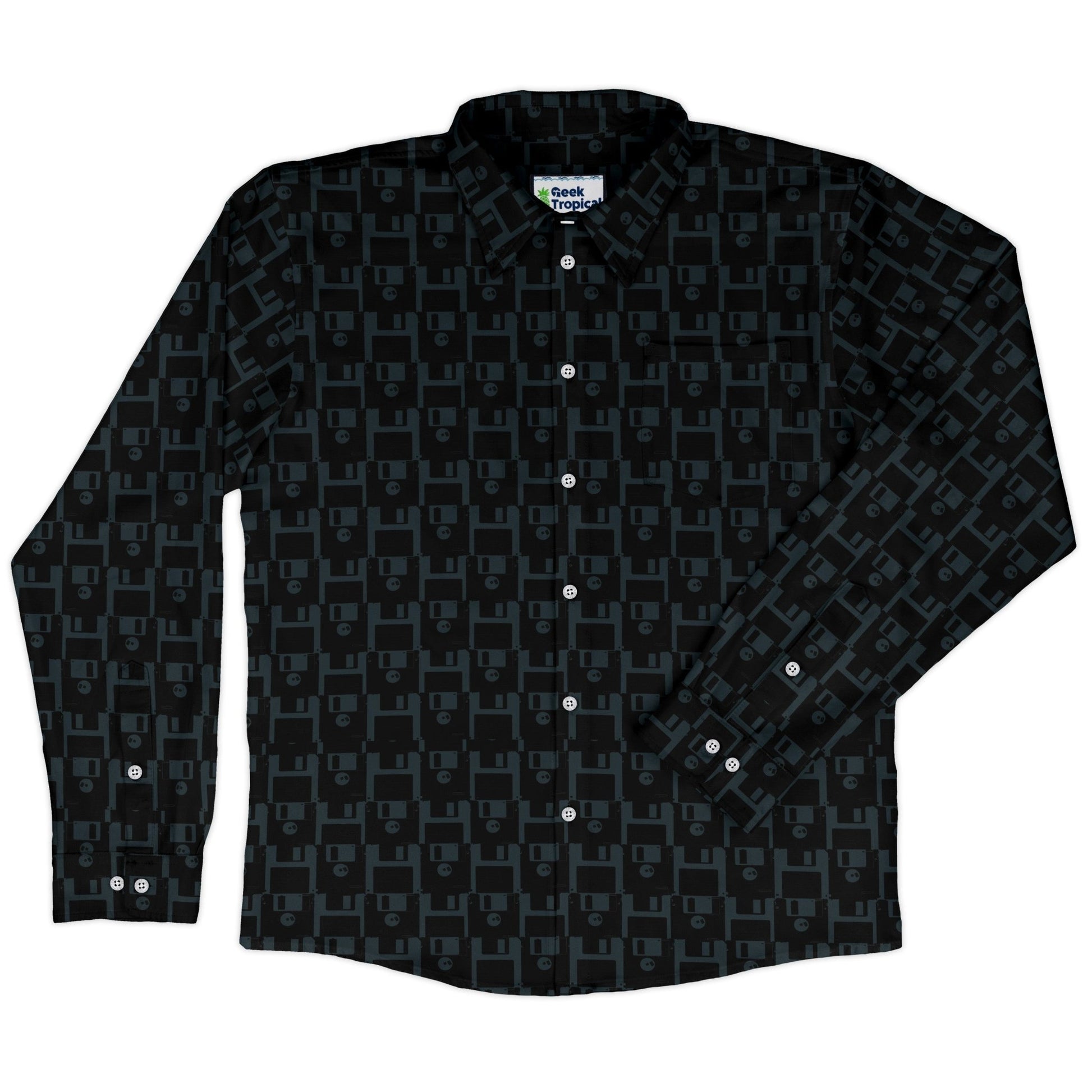 Floppy Disk Long Sleeve Button Up Shirt Geek Nerd adult sizing computer print Design by Random Galaxy