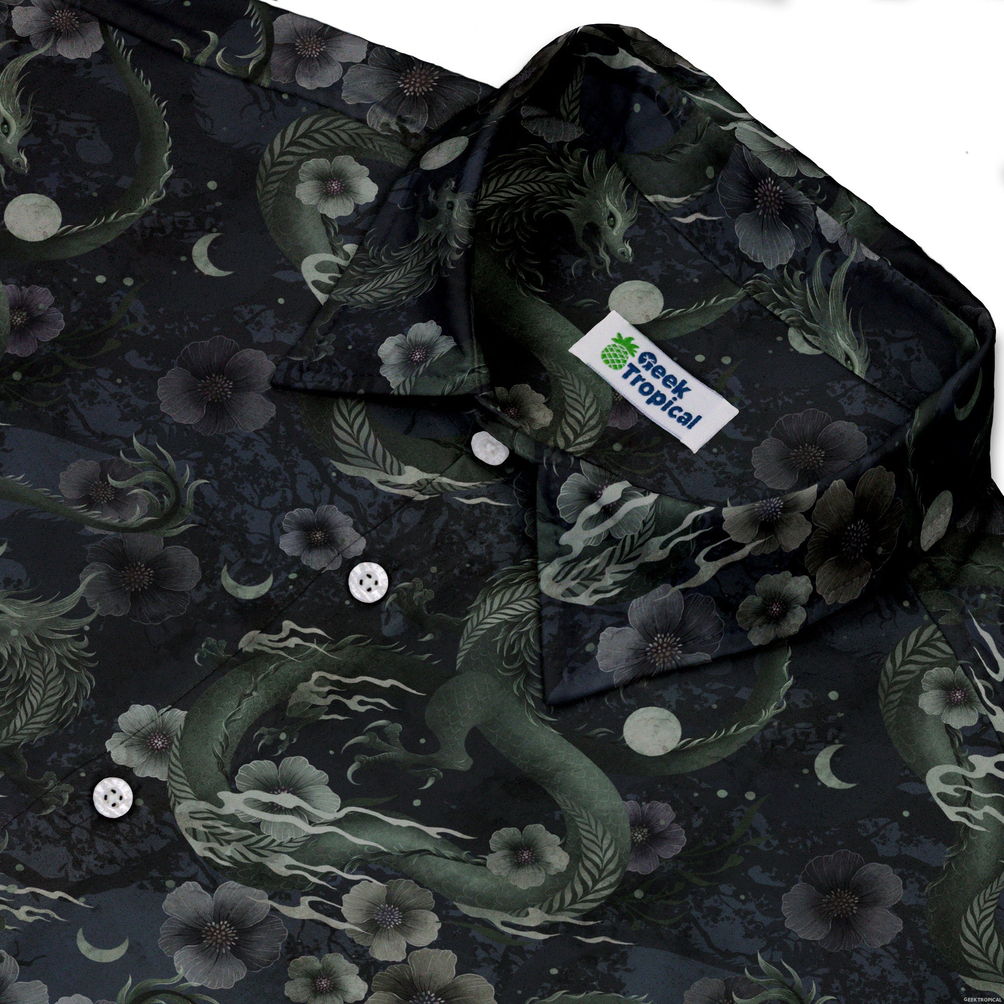 Floral Dragon Fog Button Up Shirt Geek Nerd adult sizing Design by Episodic Fantasy Prints