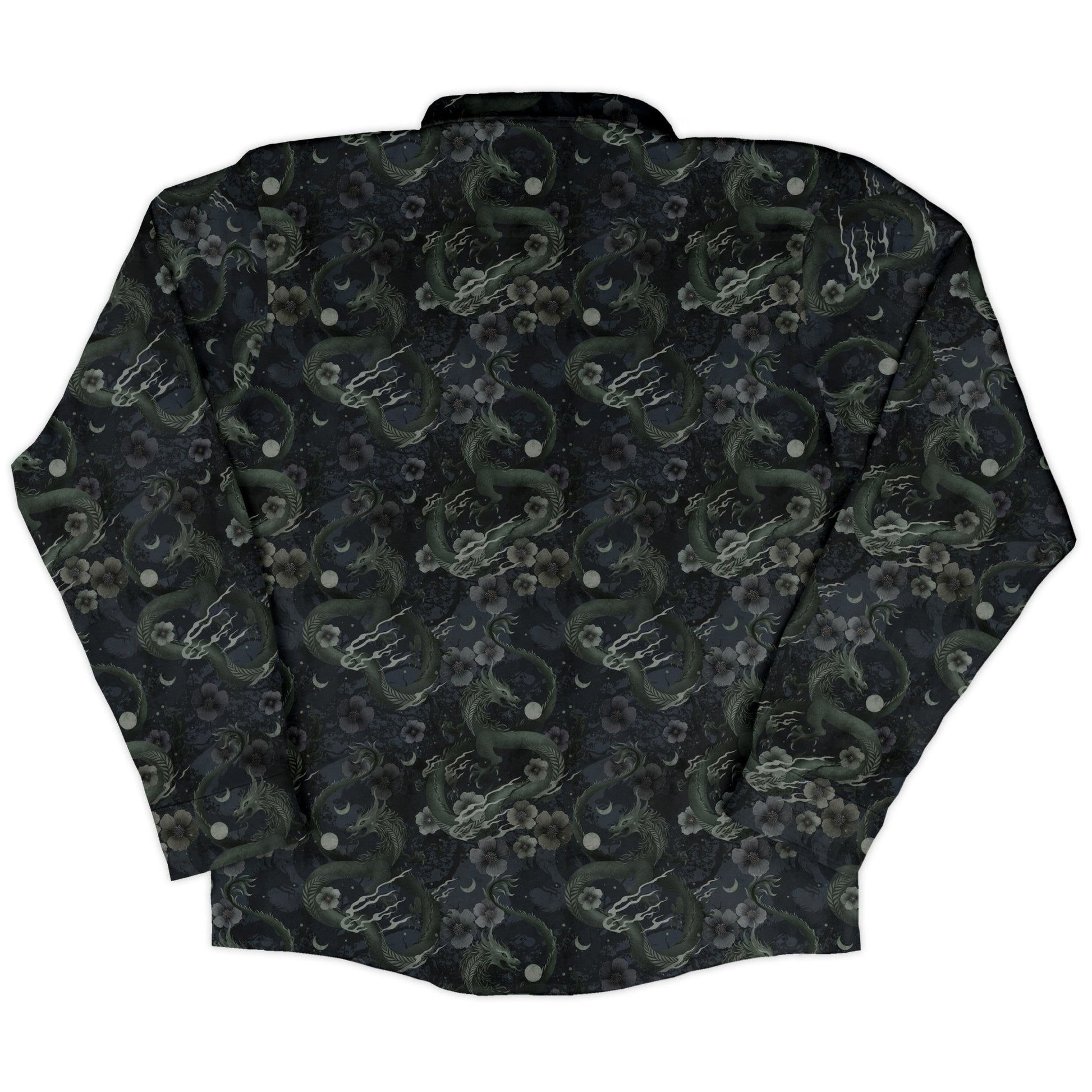 Floral Dragon Fog Long Sleeve Button Up Shirt Geek Nerd adult sizing Design by Episodic Fantasy Prints
