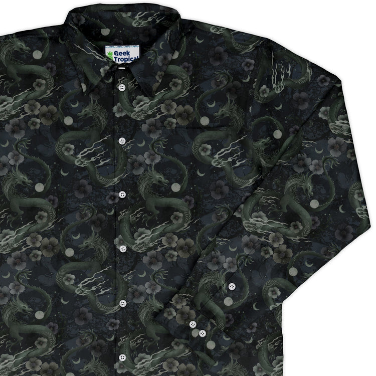 Floral Dragon Fog Long Sleeve Button Up Shirt Geek Nerd adult sizing Design by Episodic Fantasy Prints