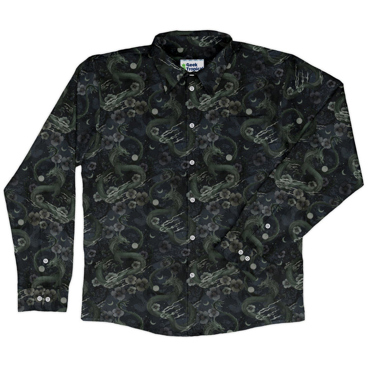 Floral Dragon Fog Long Sleeve Button Up Shirt Geek Nerd adult sizing Design by Episodic Fantasy Prints