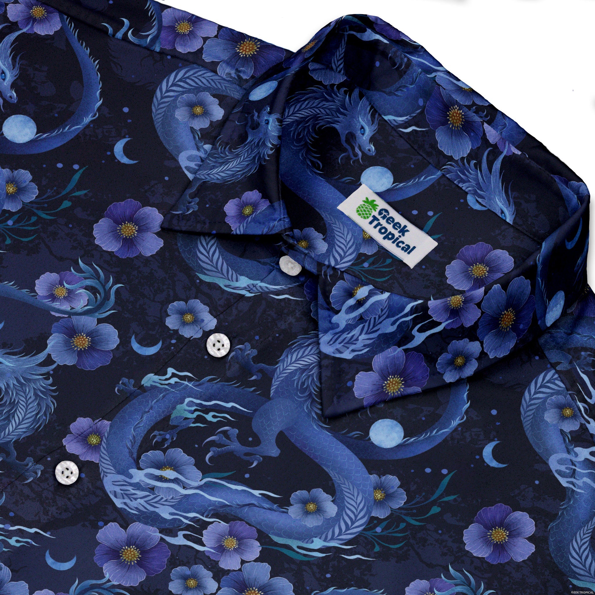 Floral Dragon Night Button Up Shirt Geek Nerd adult sizing Design by Episodic Fantasy Prints