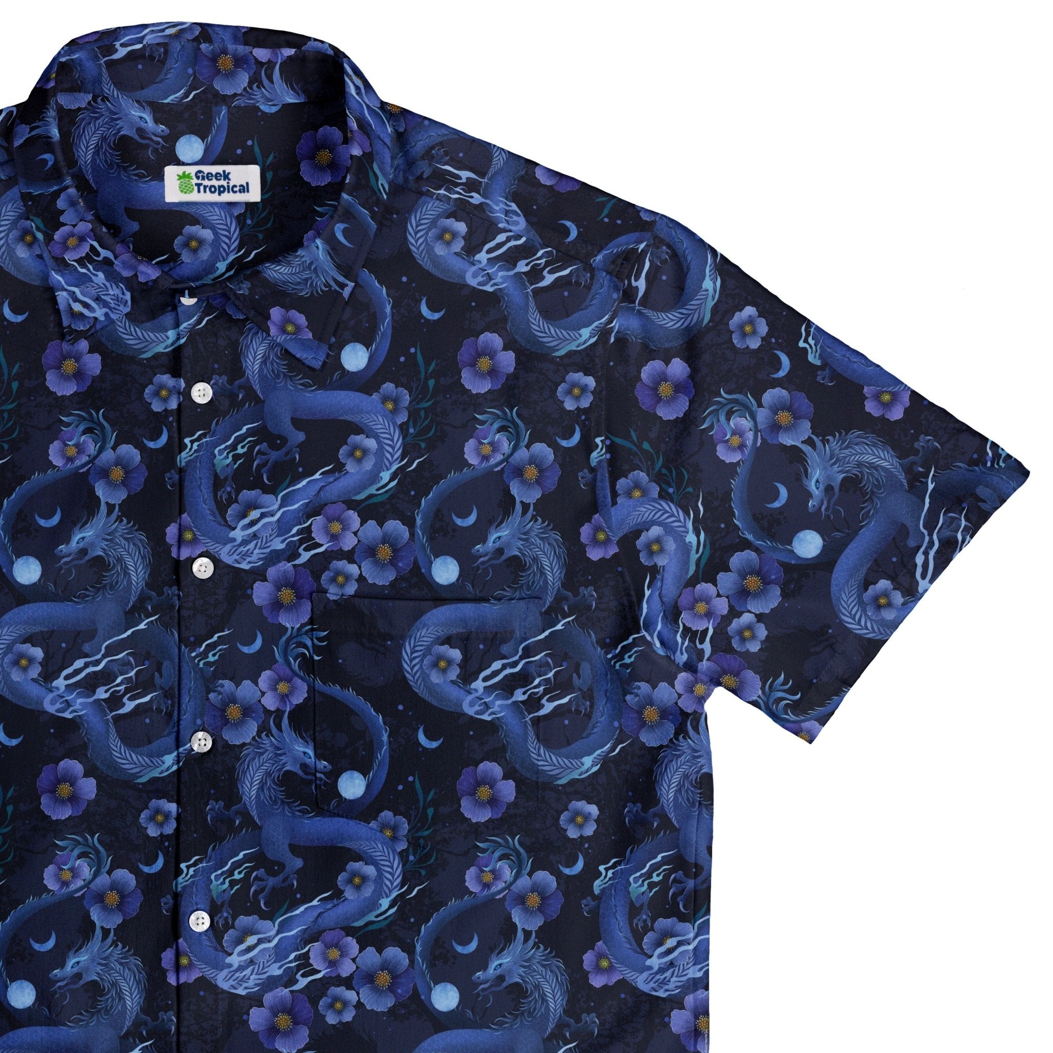 Floral Dragon Night Button Up Shirt Geek Nerd adult sizing Design by Episodic Fantasy Prints