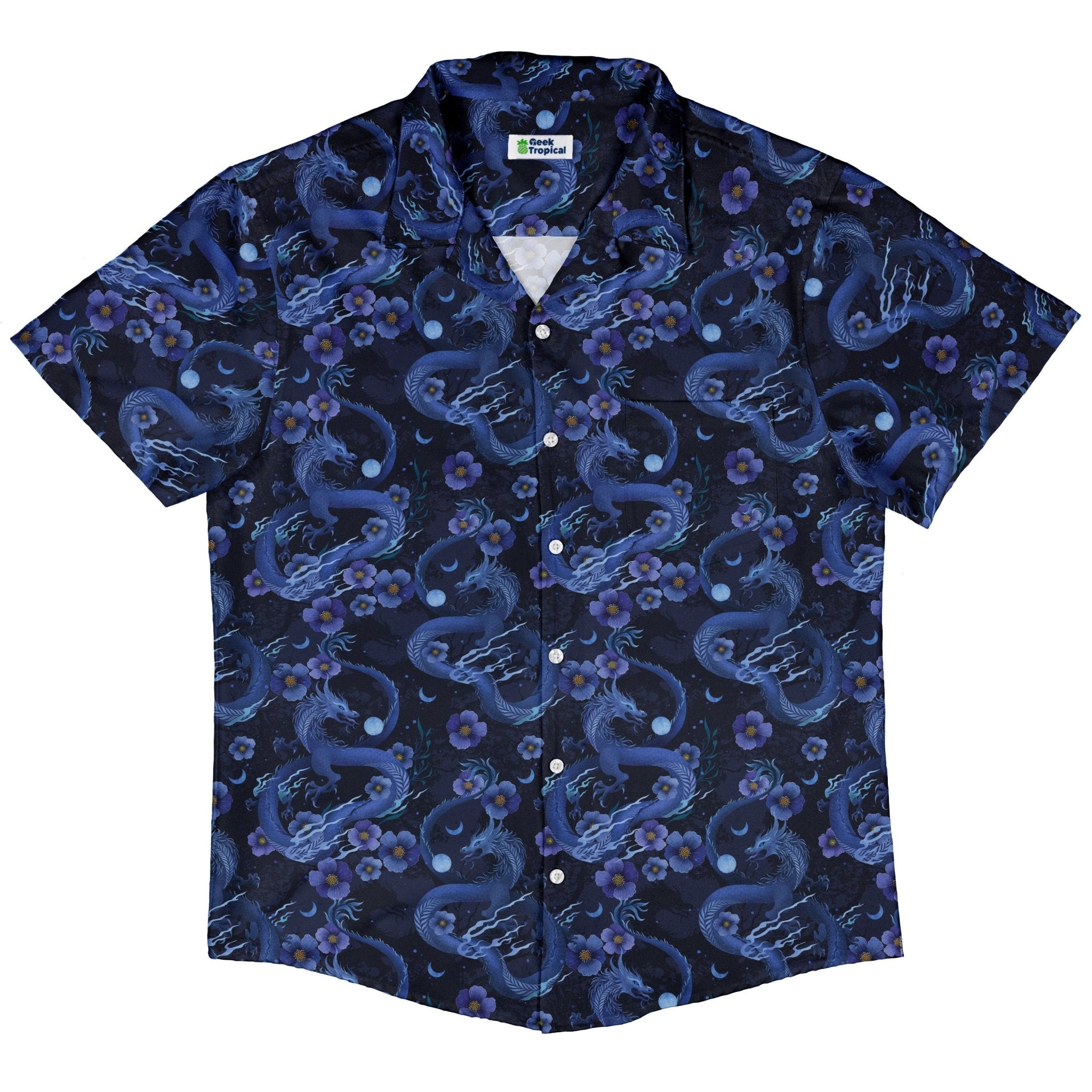 Floral Dragon Night Button Up Shirt Geek Nerd adult sizing Design by Episodic Fantasy Prints