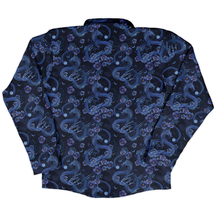 Floral Dragon Night Long Sleeve Button Up Shirt Geek Nerd adult sizing Design by Episodic Fantasy Prints