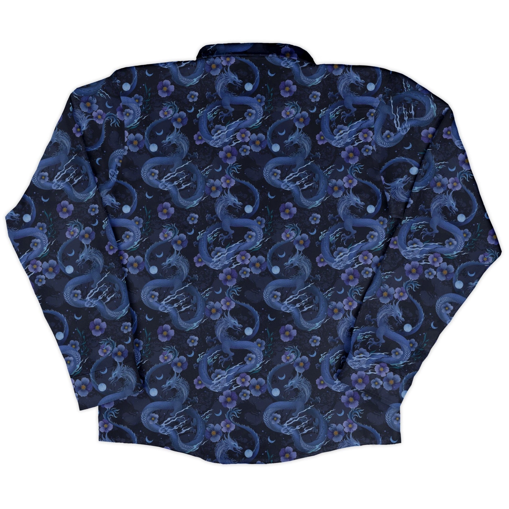 Floral Dragon Night Long Sleeve Button Up Shirt Geek Nerd adult sizing Design by Episodic Fantasy Prints