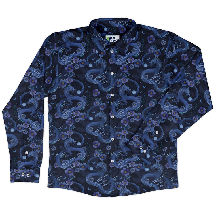 Floral Dragon Night Long Sleeve Button Up Shirt Geek Nerd adult sizing Design by Episodic Fantasy Prints