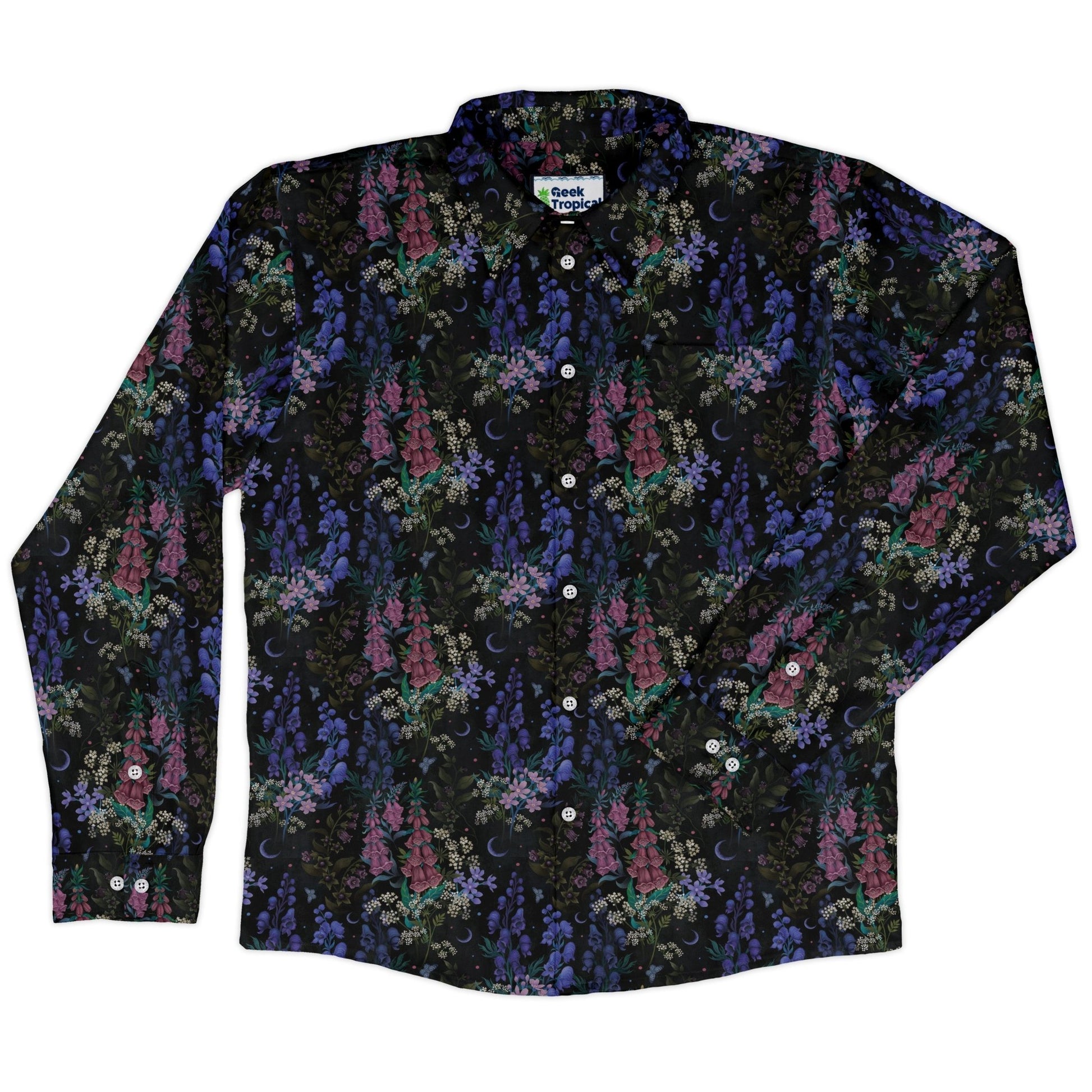 Floral Purple Night Long Sleeve Button Up Shirt Geek Nerd 0925 adult sizing All Adult Button Up Shirts
