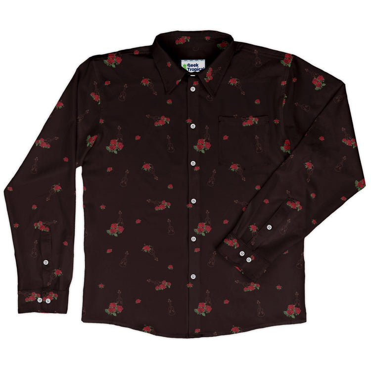 Floral Violin Melody Long Sleeve Button Up Shirt Geek Nerd adult sizing Design by Dunking Toast FLOW DESC WRITING