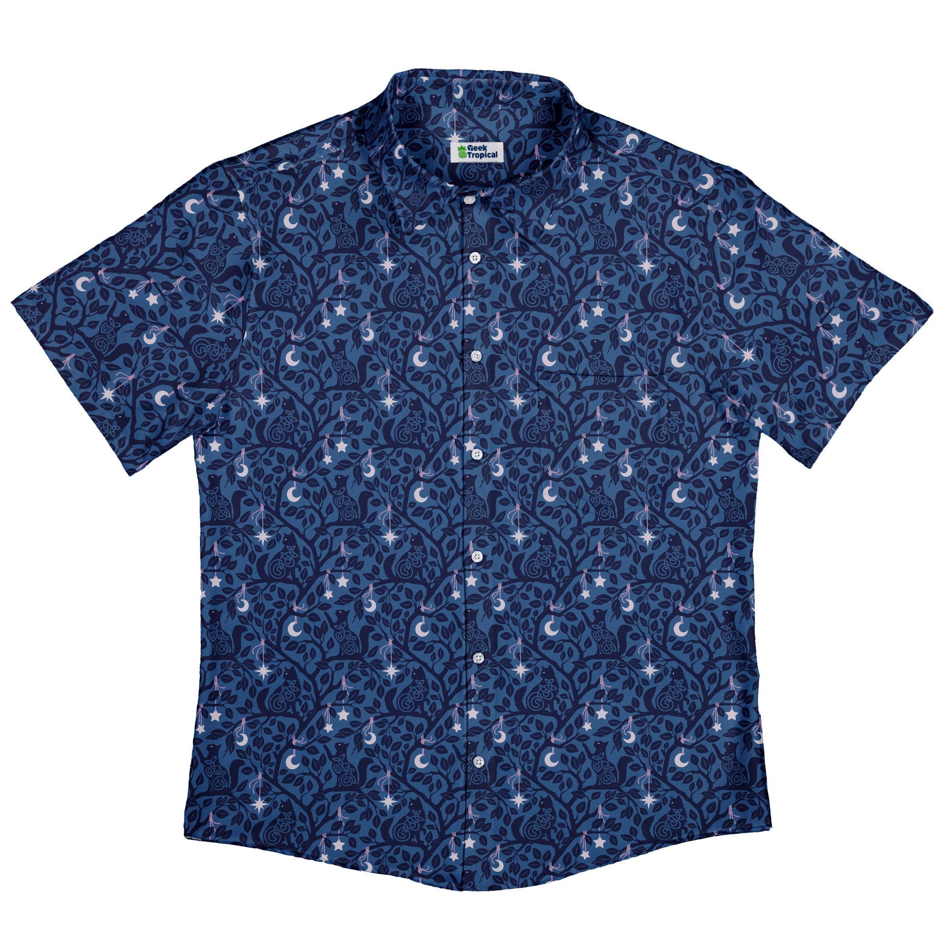 Forest Cats Blue Button Up Shirt Flat Front