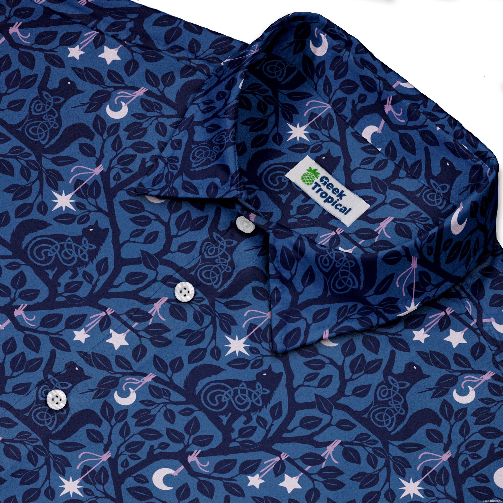 Forest Cats Blue Button Up Shirt Neck