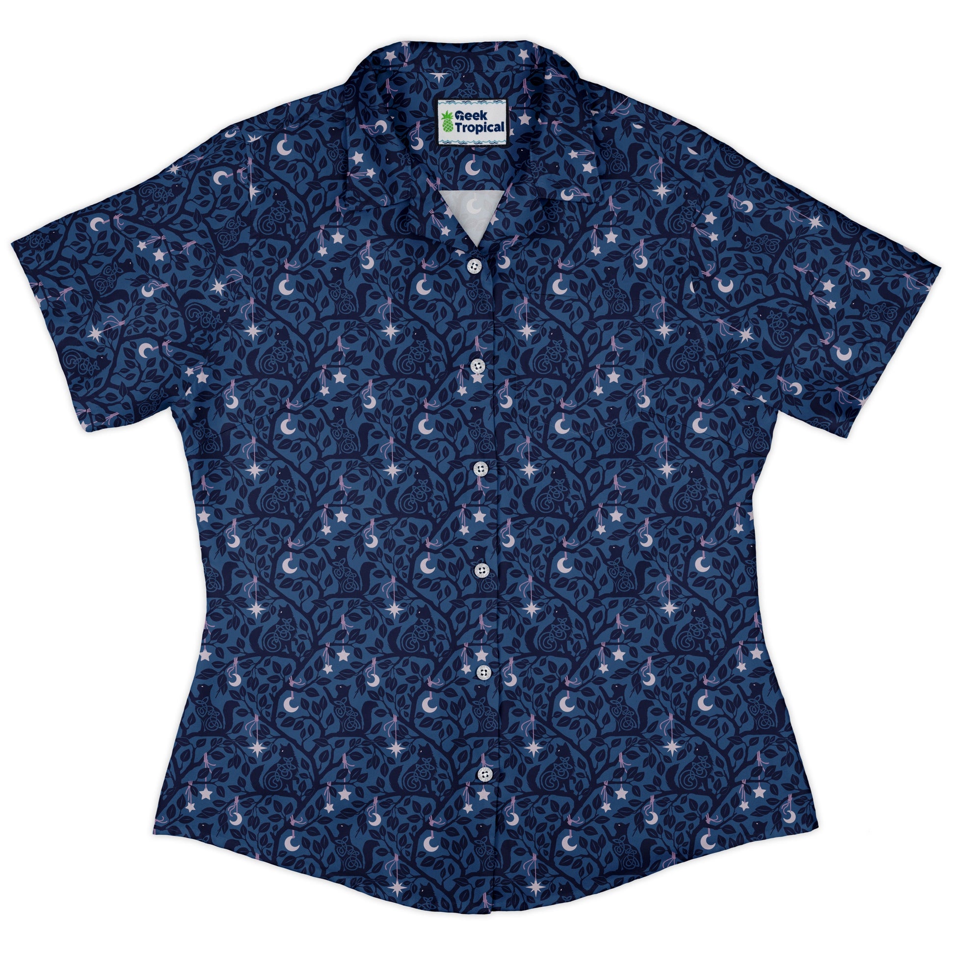 Forest Cats Blue Curvy Button Up Shirt womens front