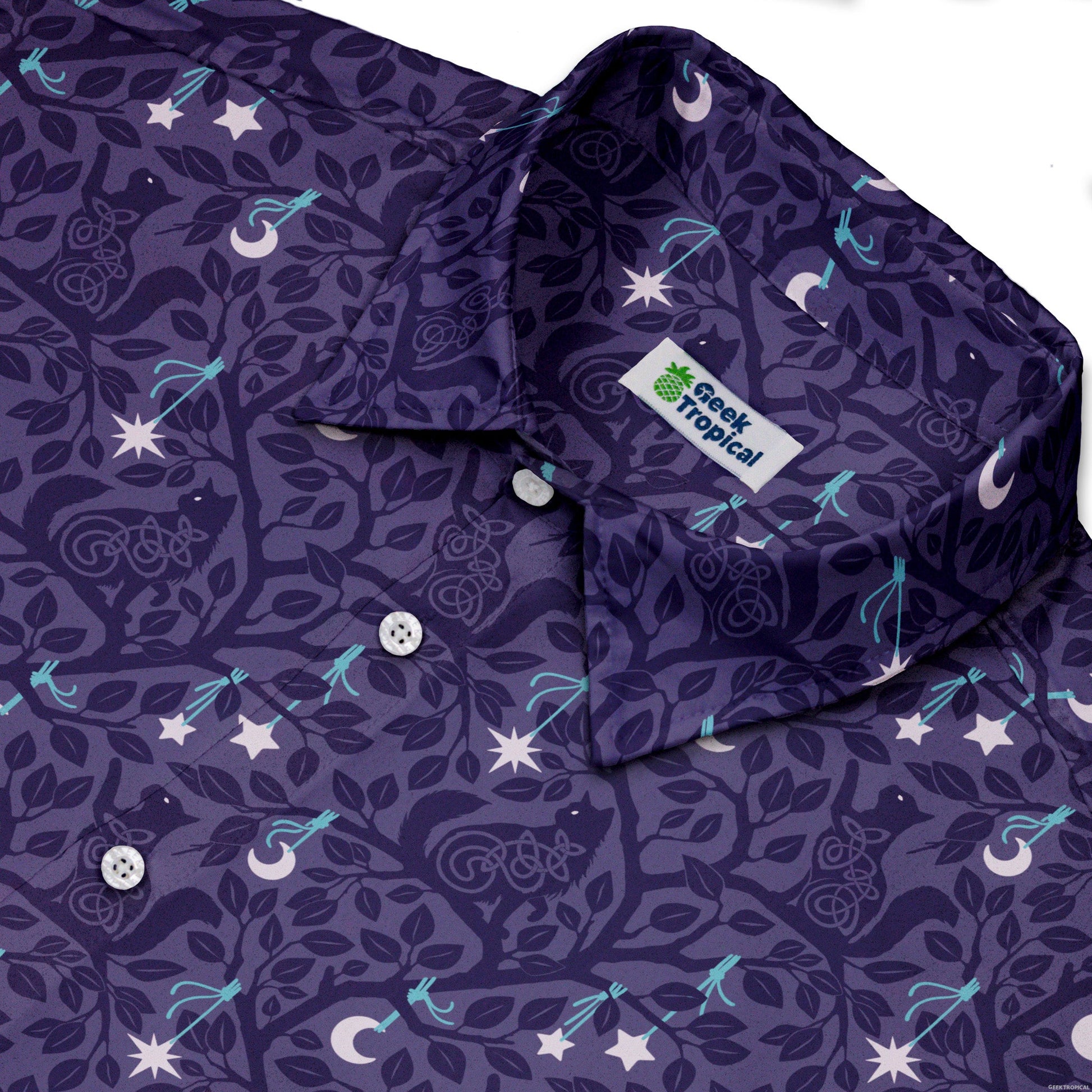 Forest Cats Lilac Button Up Shirt Neck