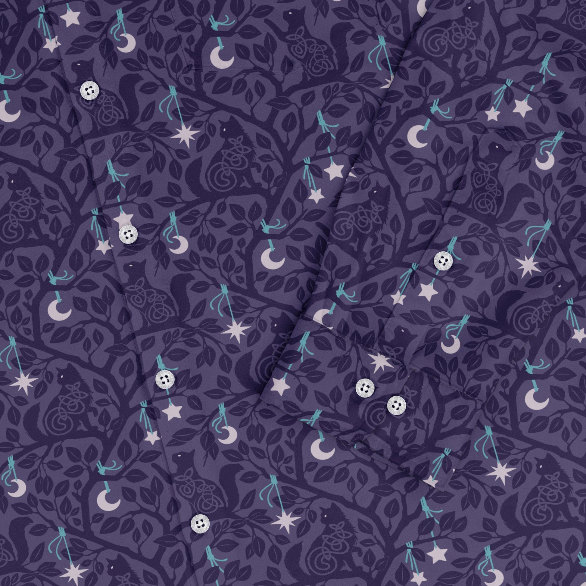 Forest Cats Lilac Long Sleeve Button Up Shirt sleeve close
