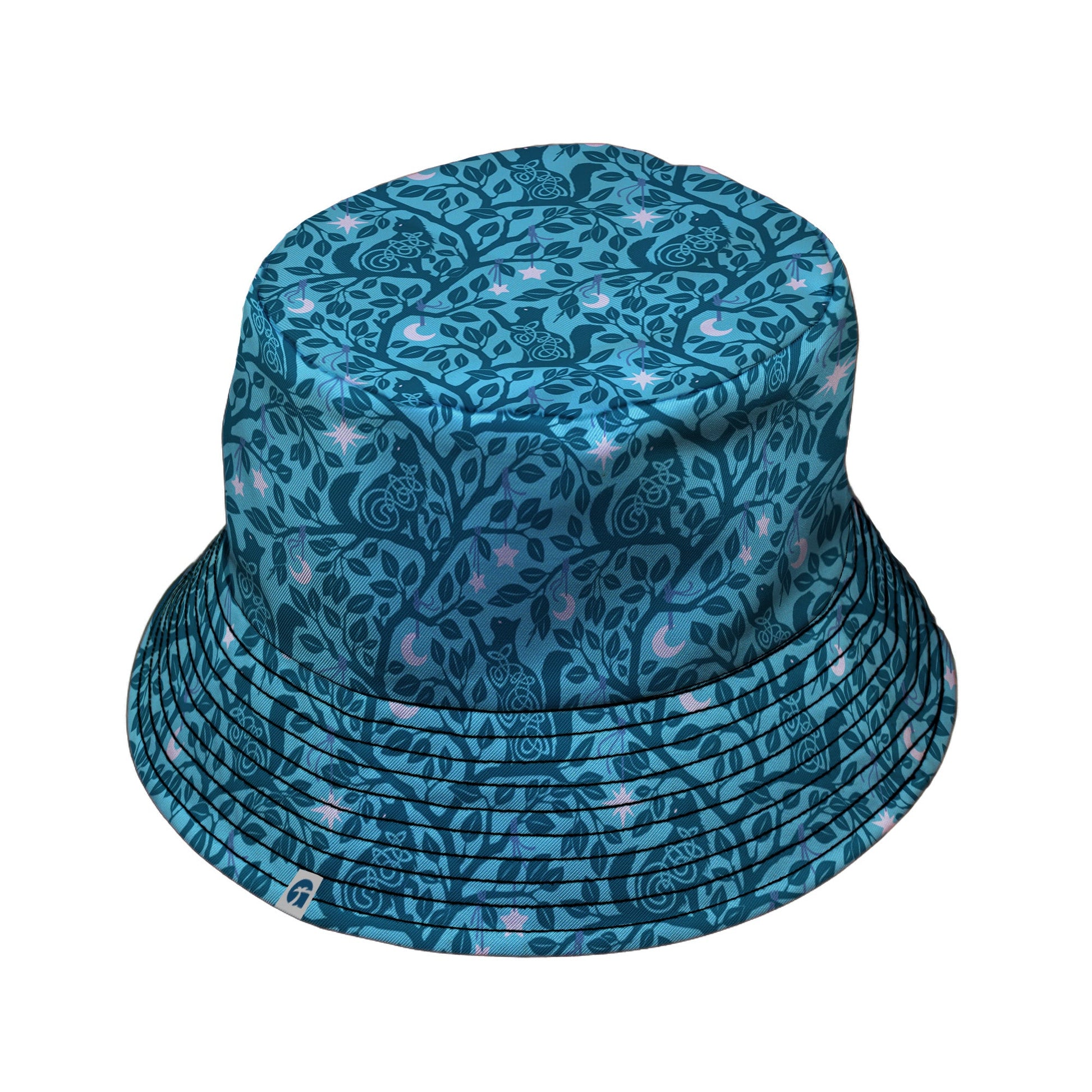 Forest Cats Teal Bucket Hat Black Stitching