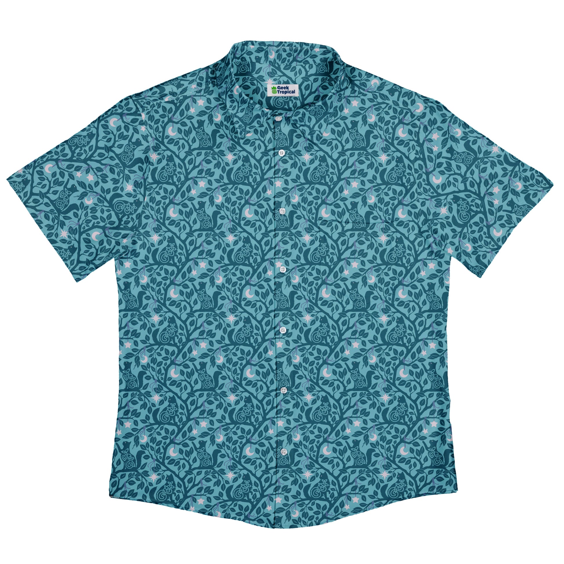 Forest Cats Teal Button Up Shirt Flat Front