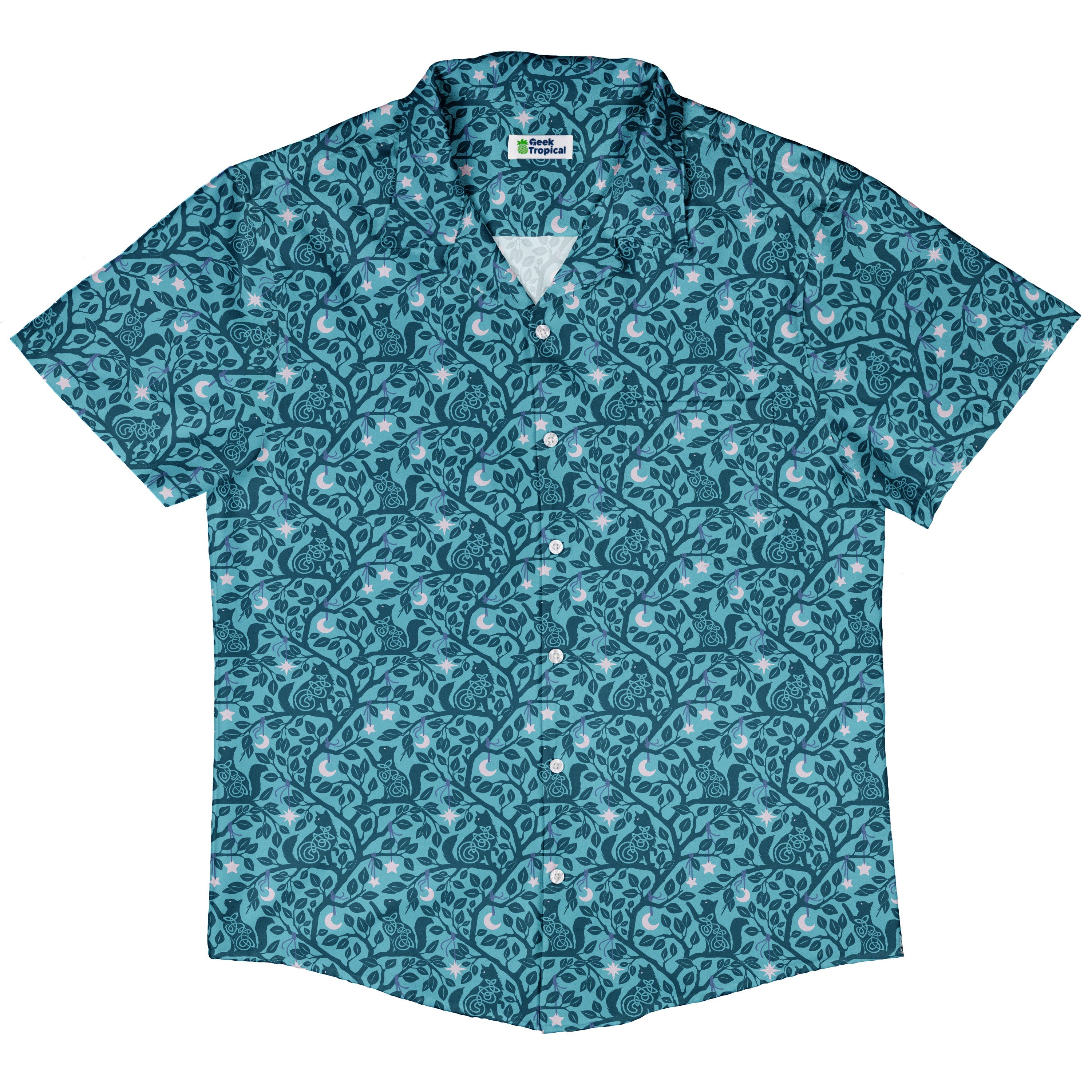 Forest Cats Teal Button Up Shirt Hawaiian Front