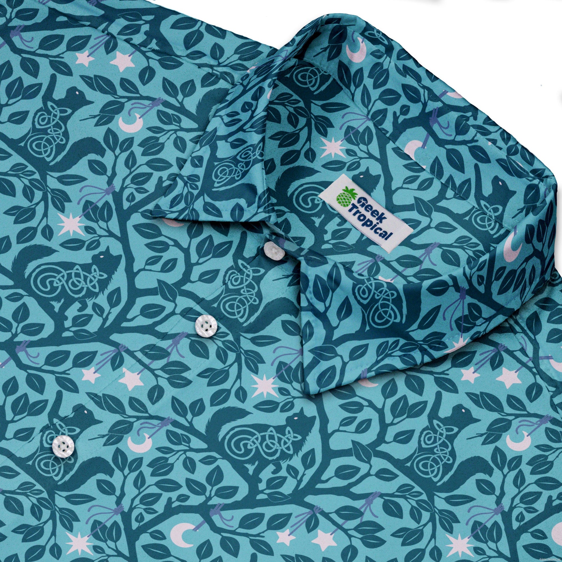 Forest Cats Teal Button Up Shirt Neck