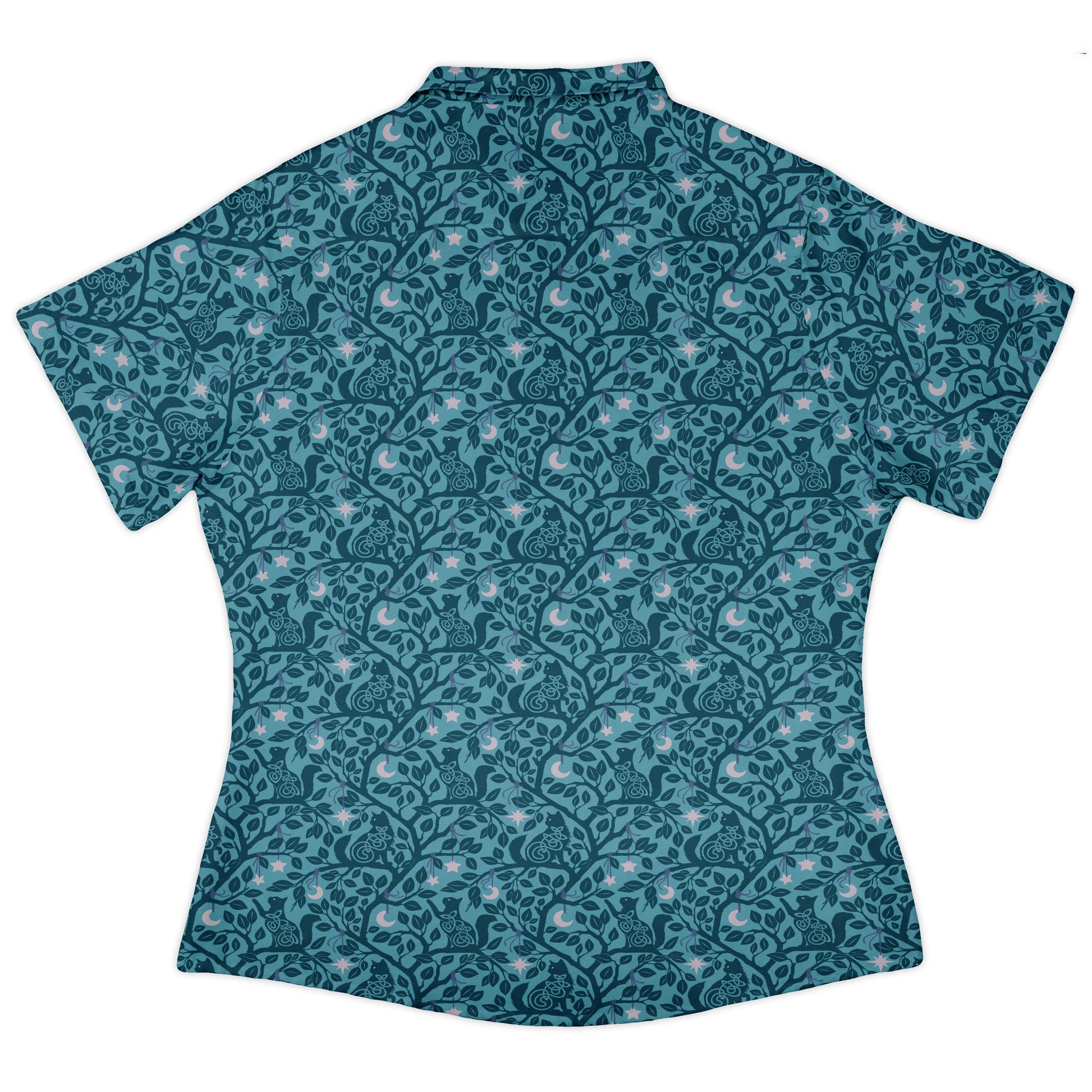 Forest Cats Teal Curvy Button Up Shirt womens back
