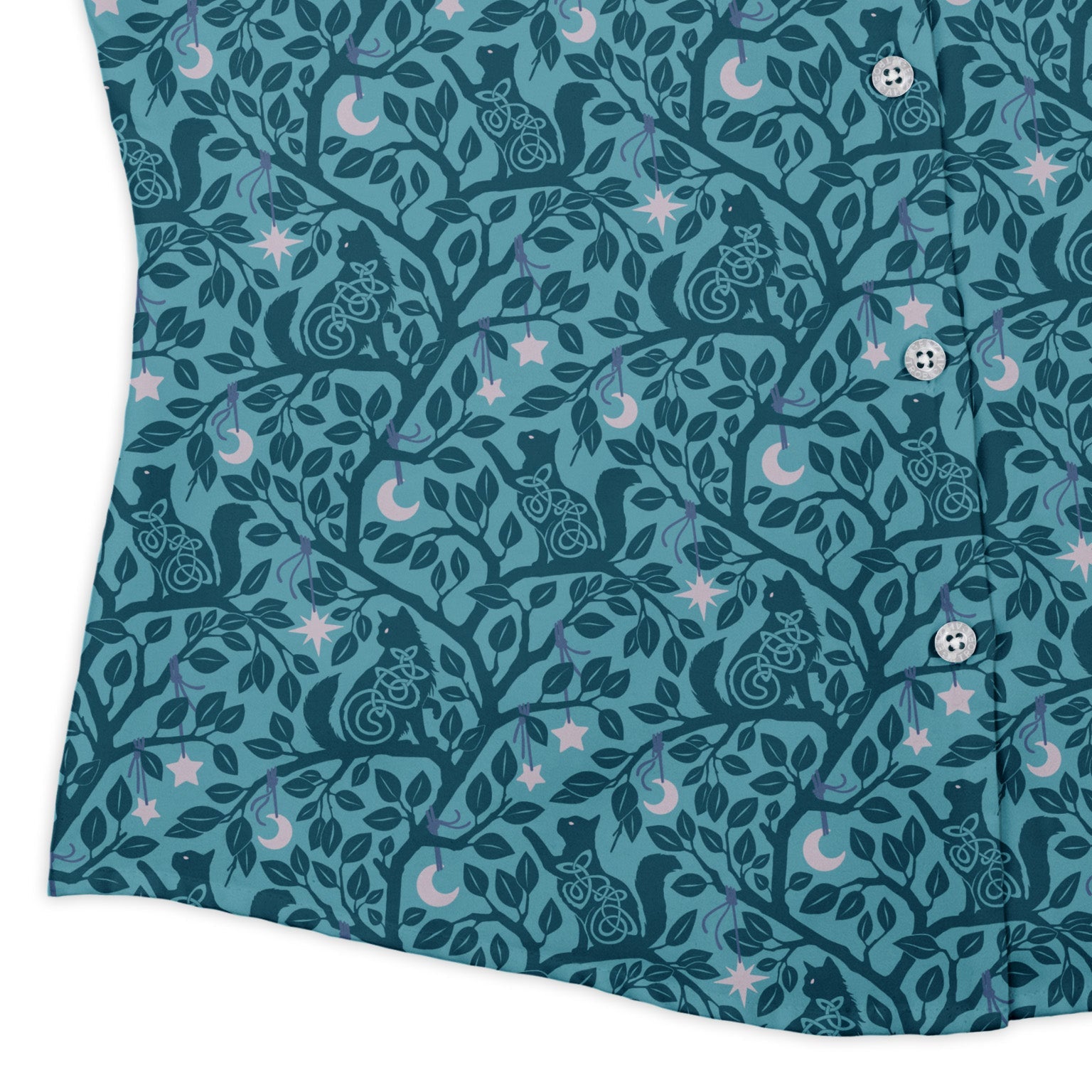 Forest Cats Teal Curvy Button Up Shirt womens corner