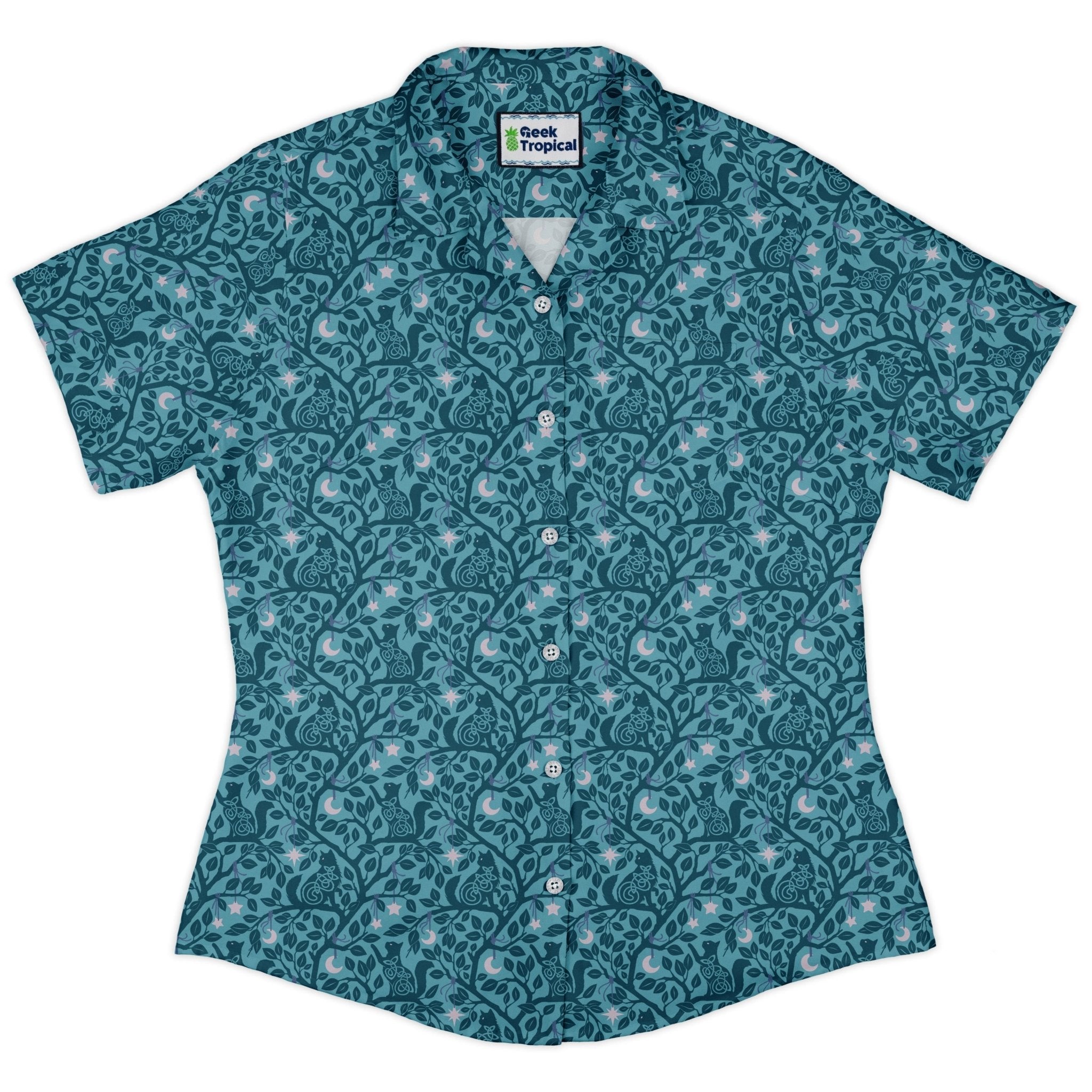 Forest Cats Teal Curvy Button Up Shirt 2