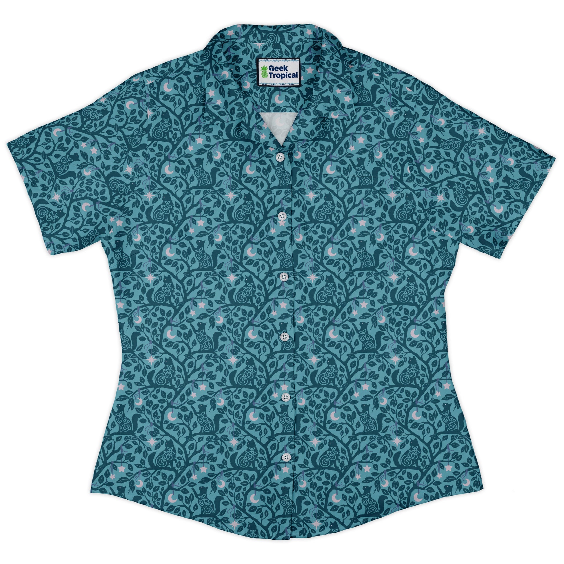 Forest Cats Teal Curvy Button Up Shirt womens front