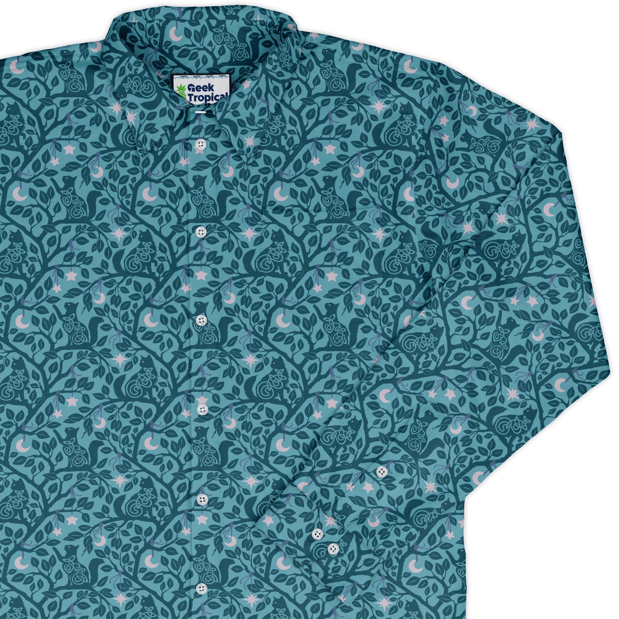 Forest Cats Teal Long Sleeve Button Up Shirt cover