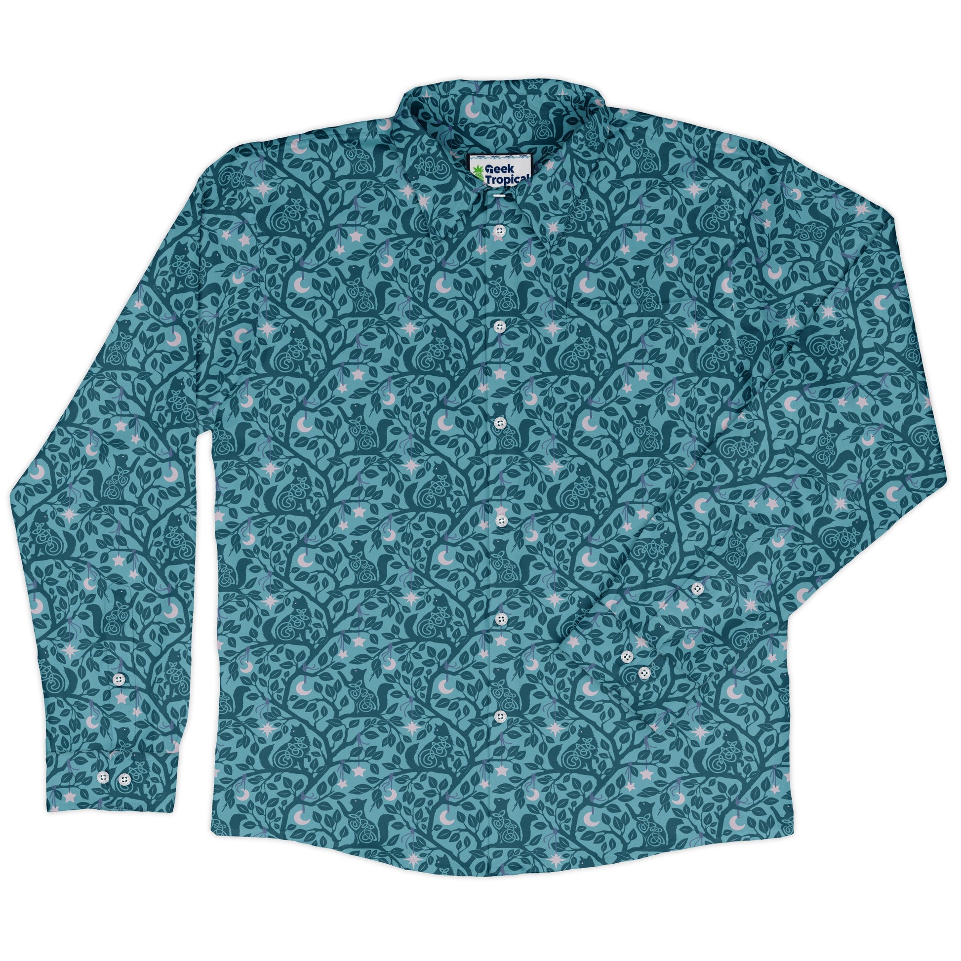 Forest Cats Teal Long Sleeve Button Up Shirt front