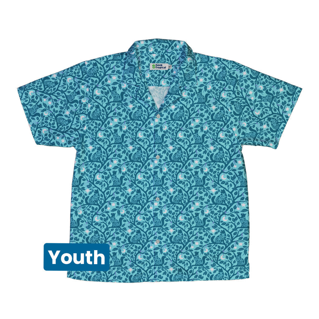 Forest Cats Teal Youth Hawaiian Shirt Front