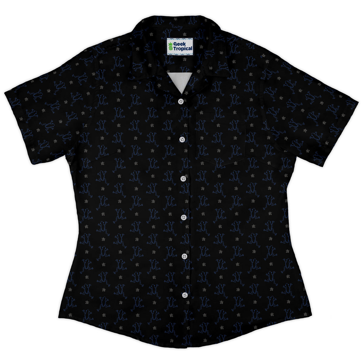 Frog Population Black Curvy Button Up Shirt womens front