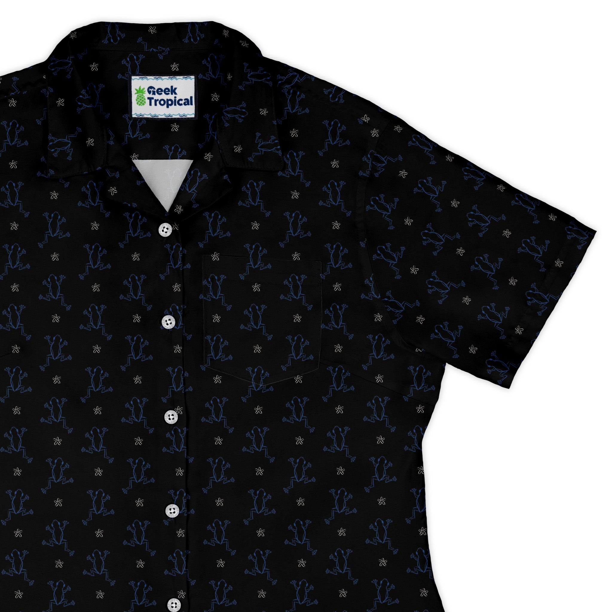 Frog Population Black Curvy Button Up Shirt womens top right
