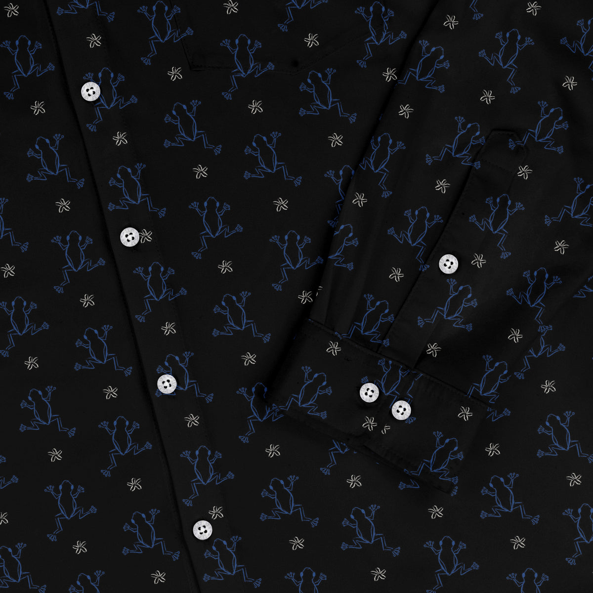 Frog Population Black Long Sleeve Button Up Shirt sleeve close