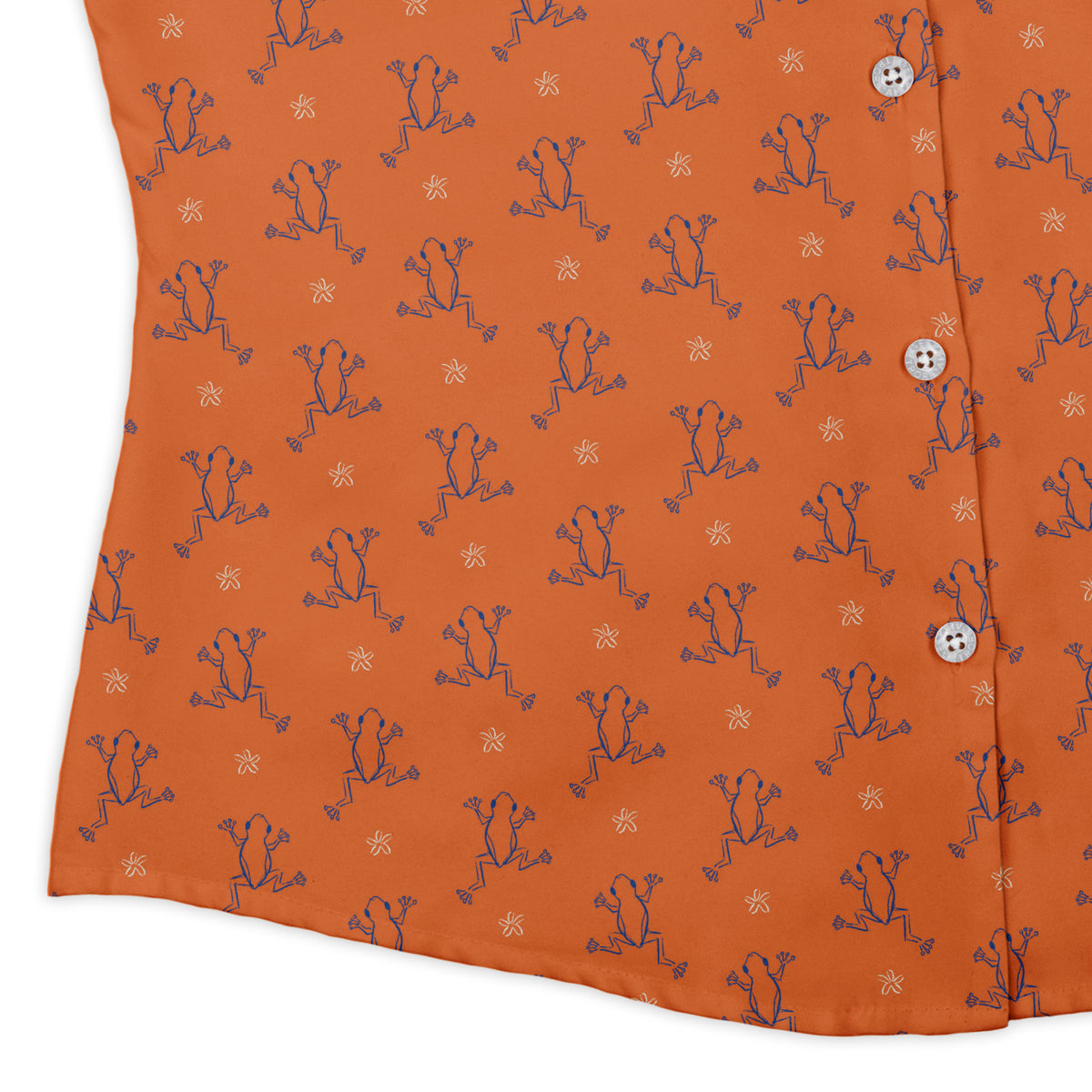 Frog Population Curvy Button Up Shirt womens corner