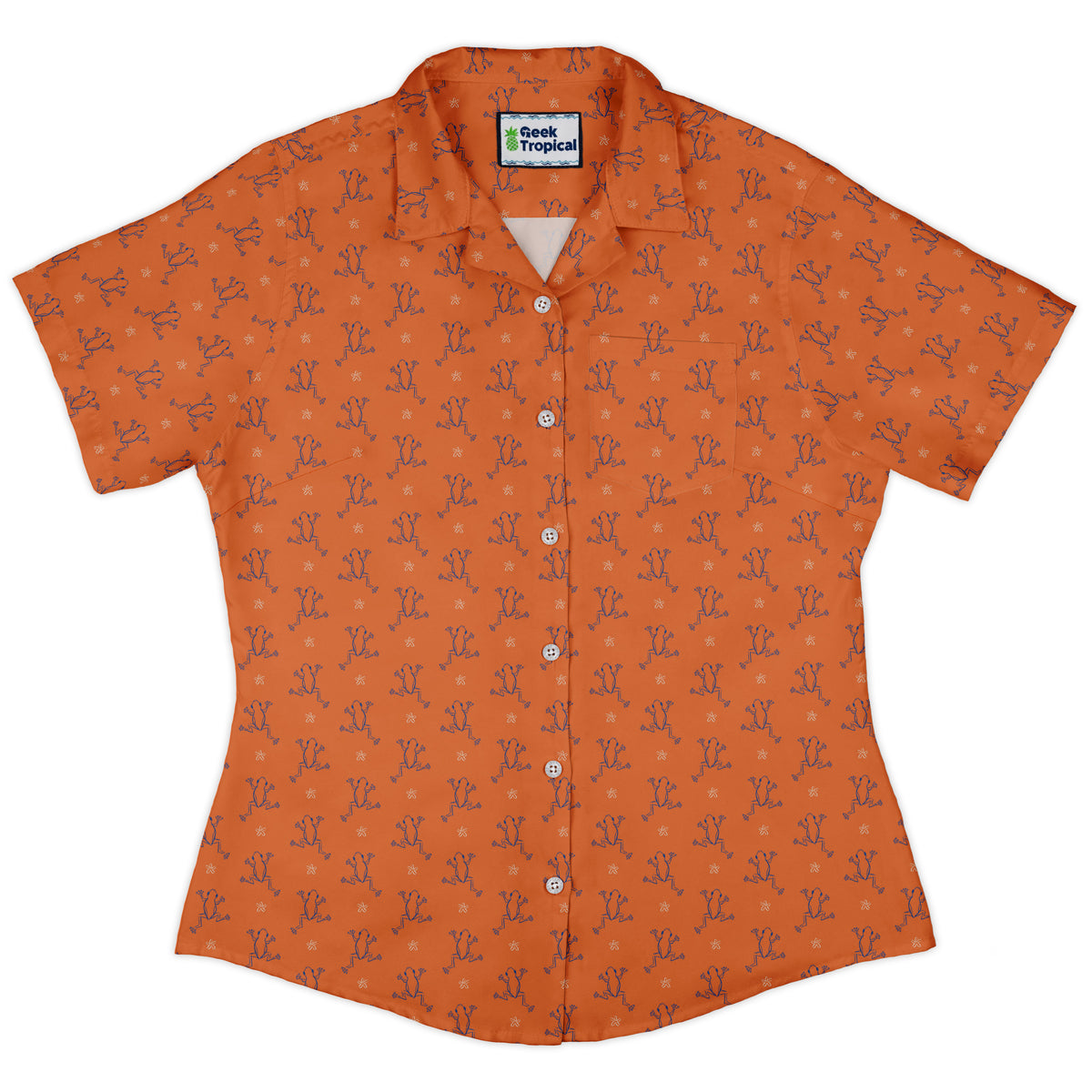 Frog Population Curvy Button Up Shirt womens front
