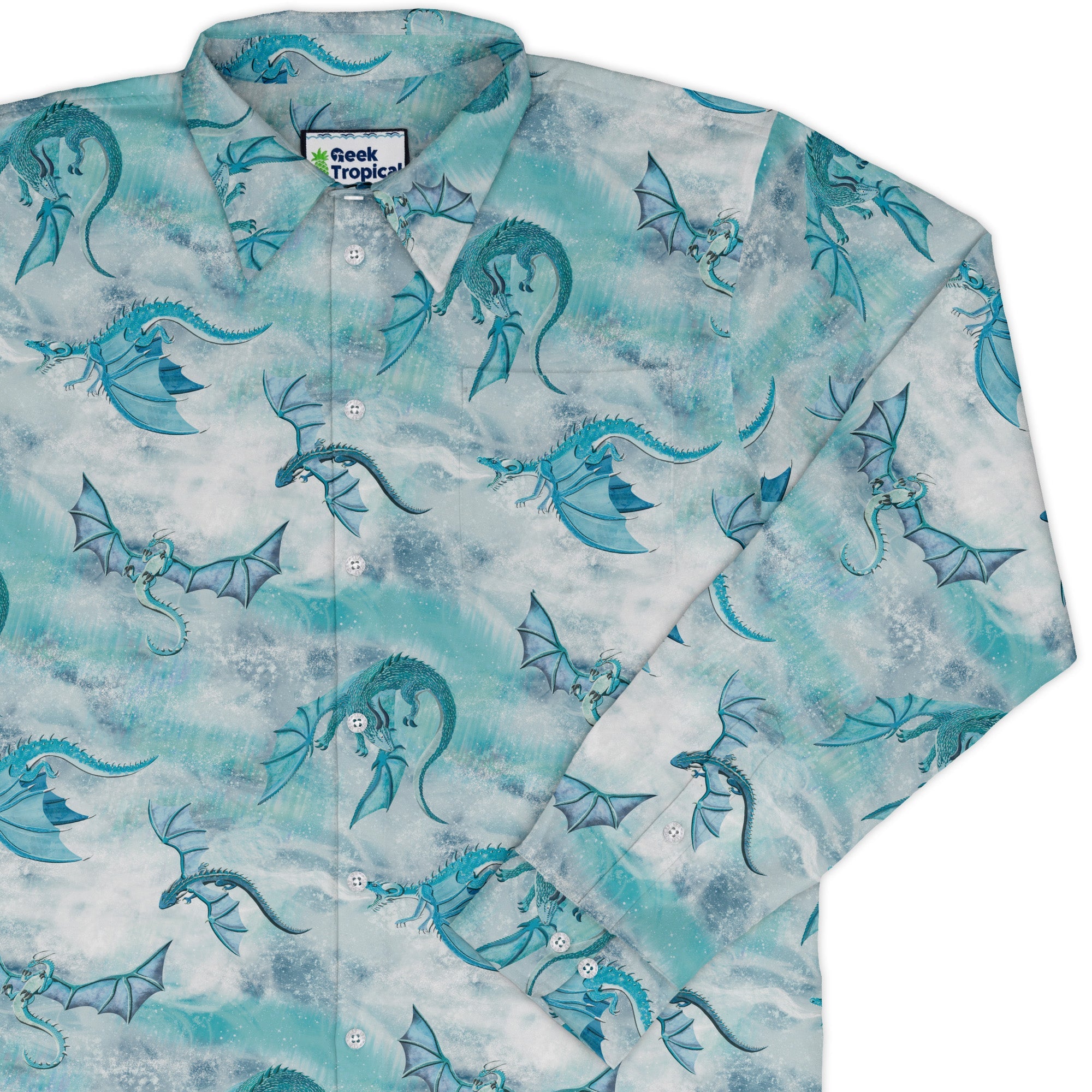 Frost Dragons Long Sleeve Button Up Shirt Geek Nerd adult sizing Christmas Print Designs by Nathan
