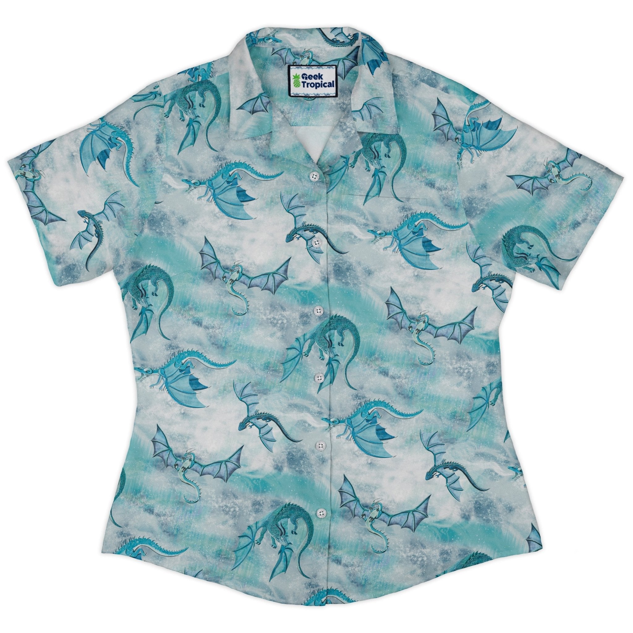 Frost Dragons Curvy Button Up Shirt Geek Nerd Christmas Print Designs by Nathan Fantasy Prints