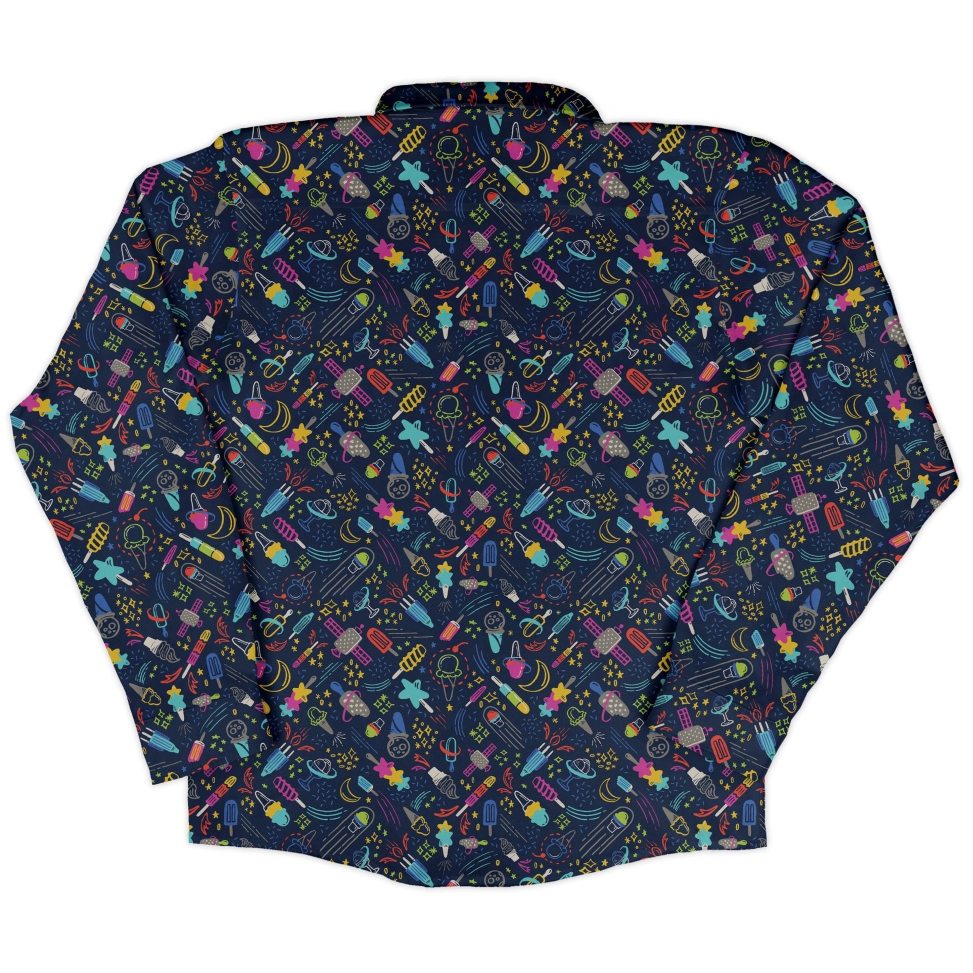 Galactic Ice Rocket Long Sleeve Button Up Shirt Geek Nerd adult sizing Design by Zirkus Design FLOW DESC WRITING