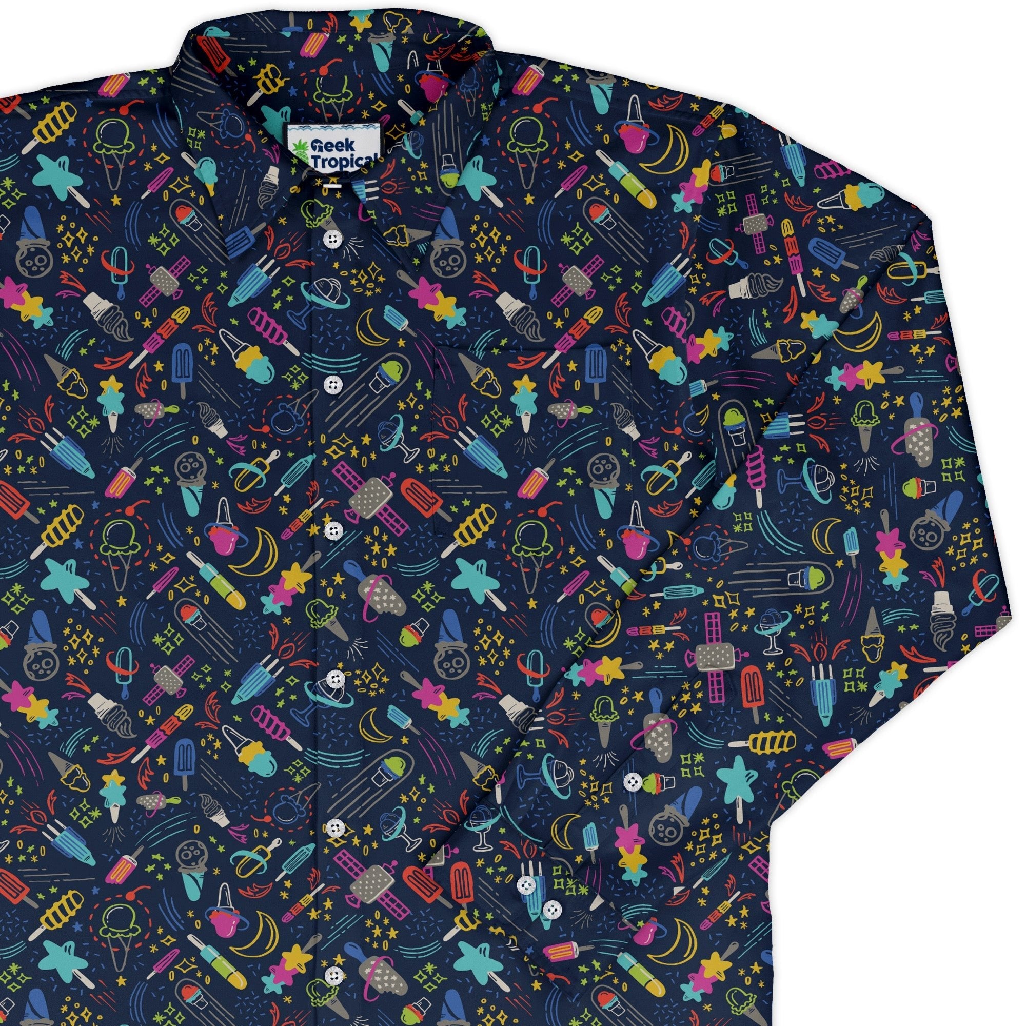 Galactic Ice Rocket Long Sleeve Button Up Shirt Geek Nerd adult sizing Design by Zirkus Design FLOW DESC WRITING
