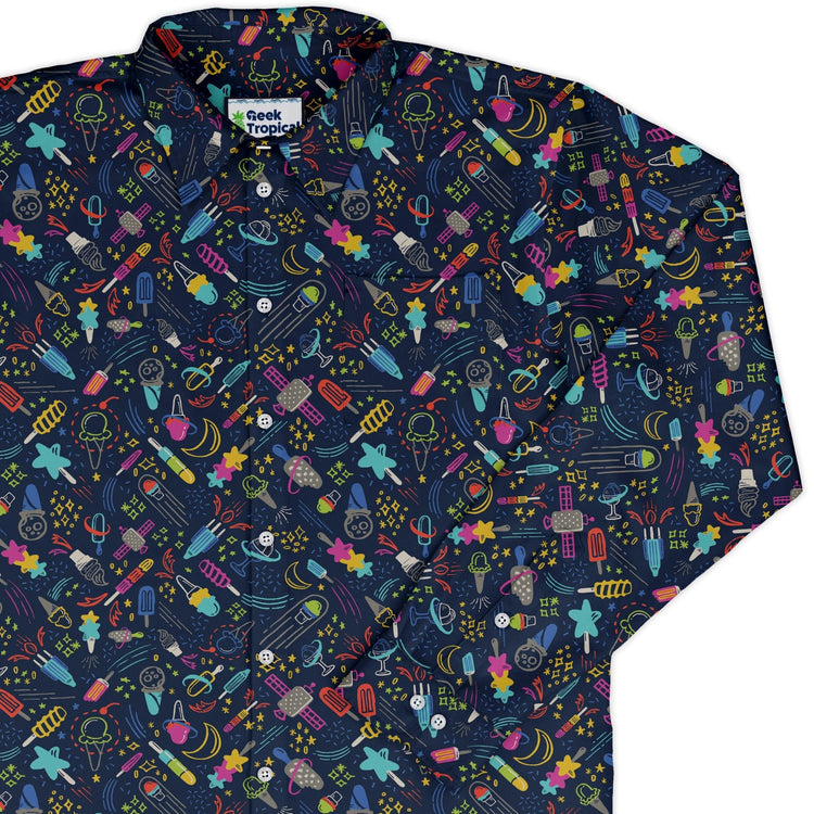 Galactic Ice Rocket Long Sleeve Button Up Shirt Geek Nerd adult sizing Design by Zirkus Design FLOW DESC WRITING